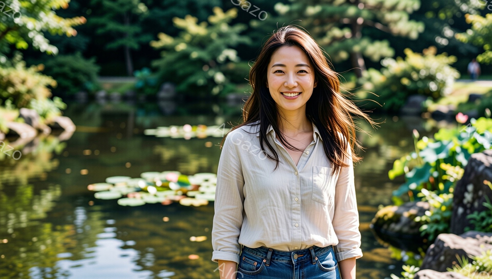 長い茶色の髪を少し無造作にまとめた女性が、ベージュ色のシャツとデニムのジーンズを着て微笑んでいる。彼女はわずかに体を前に傾け、カメラに向かって明るい笑顔を浮かべている。背景には緑豊かな木々が生い茂り、水面に睡蓮の花が浮かぶ穏やかな池が広がっている。