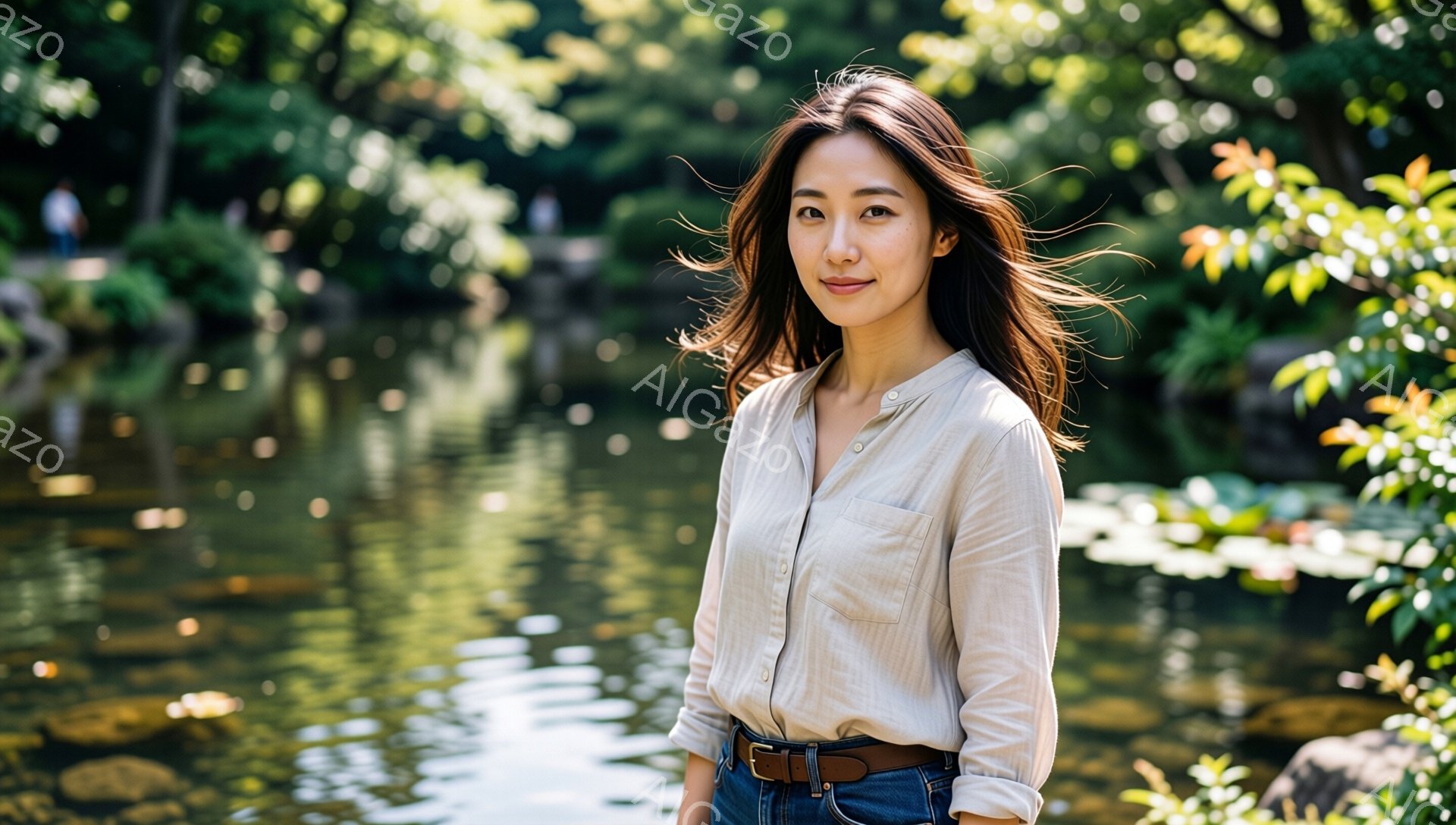 長い髪を無造作に垂らした女性が、ベージュ色のシャツとデニムのズボンを身につけて立っている。彼女は穏やかな微笑みを浮かべ、視線はカメラに向いている。背景には緑豊かな水辺の風景が広がり、太陽の光が水面に反射してキラキラと輝いている。