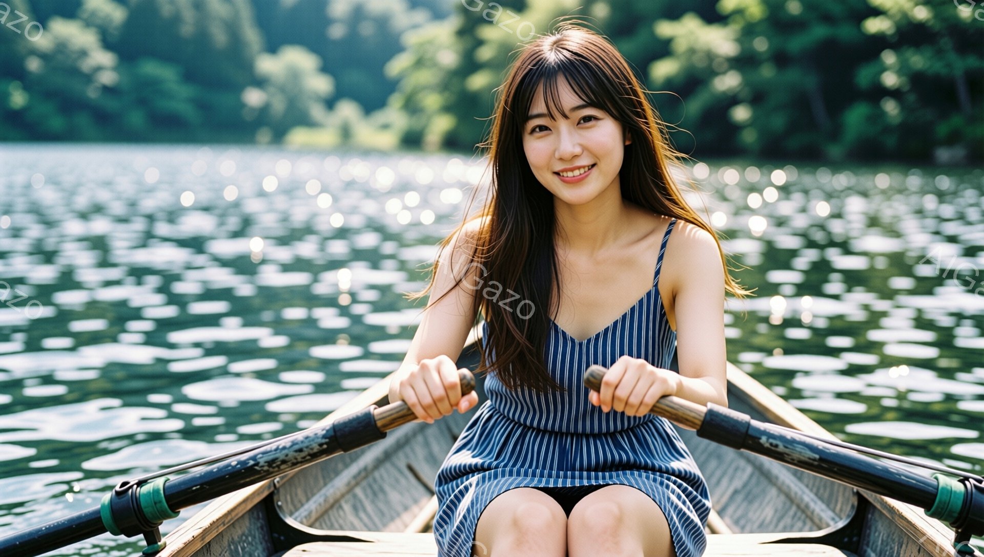 ストライプのワンピースを着た若い女性がボートを漕いでいる。彼女は微笑んでおり、長い黒髪が肩にかかっている。背景には水面がキラキラと輝き、緑豊かな自然が広がっており、穏やかで爽やかな雰囲気が漂っている。 - AI生成フリー素材