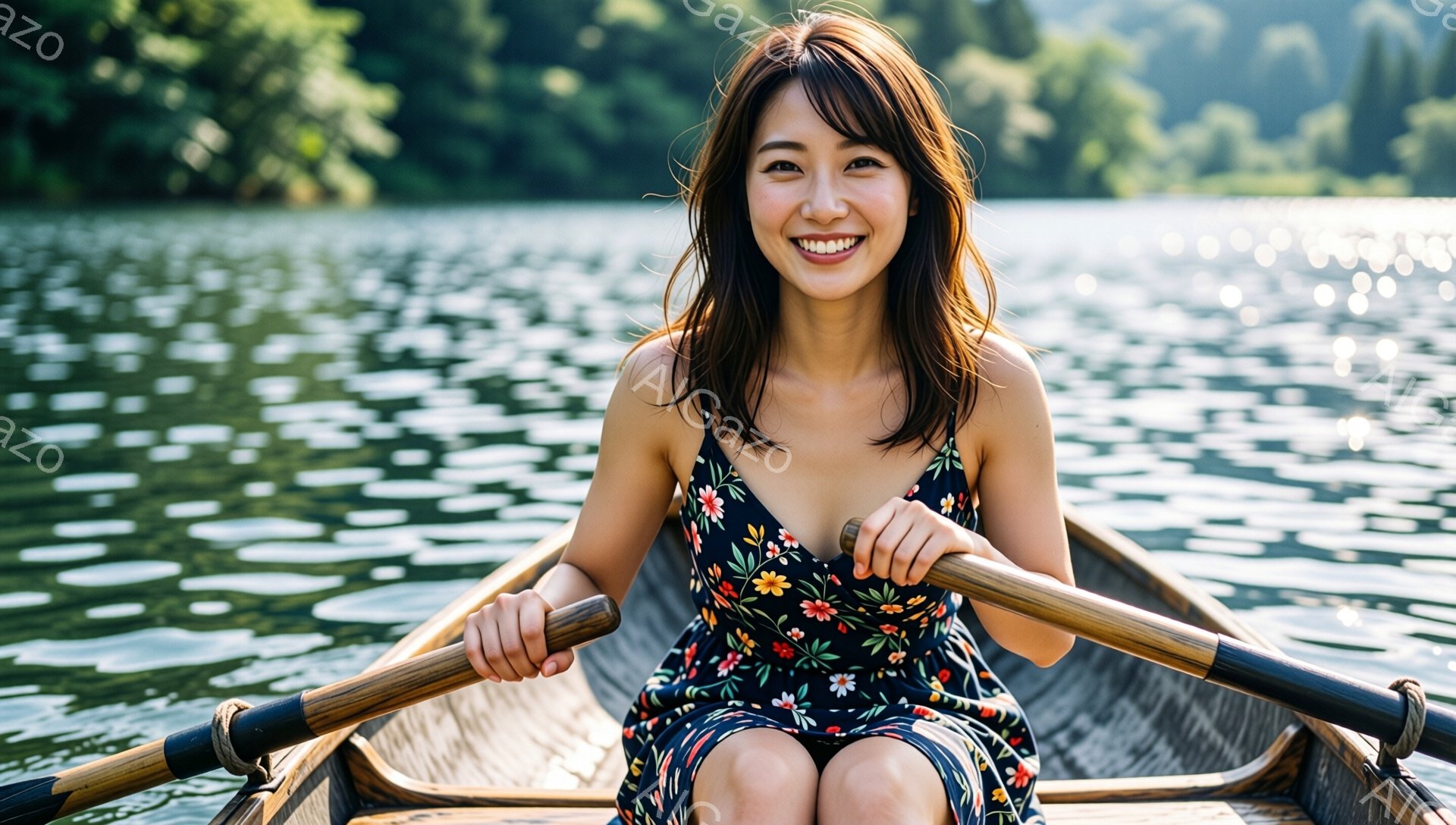 ボートに乗った女性が写っており、黒地に花柄のワンピースを着ています。彼女は微笑んでおり、リラックスした表情でオールを握っています。背景は水面と緑豊かな木々で、穏やかで平和な雰囲気が漂っています。