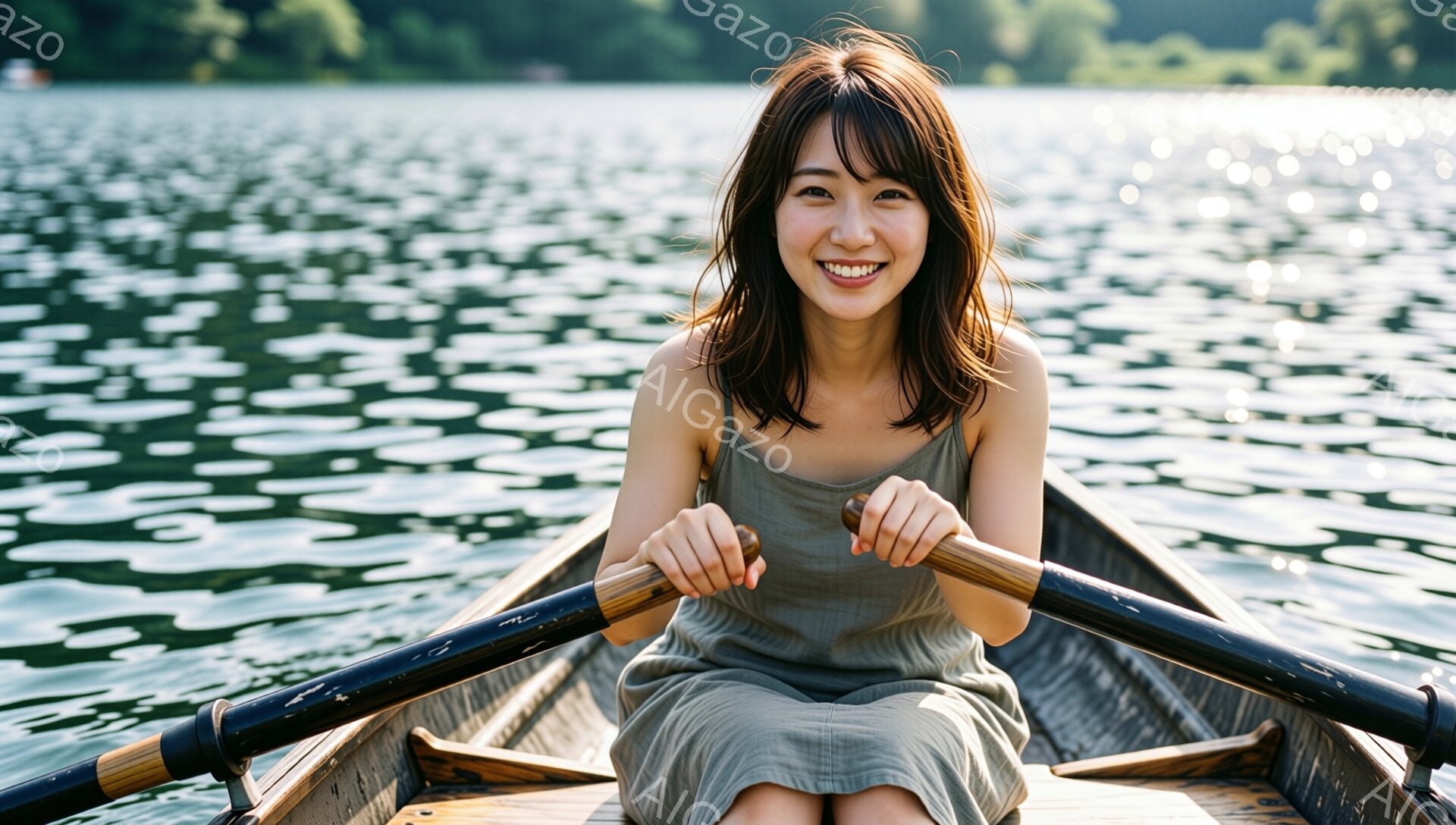 若い女性がボートに乗って漕いでいる様子が写っている。彼女は緑がかったワンピースを着ており、髪は肩までの長さで少しカールしている。明るい笑顔を浮かべ、リラックスした雰囲気で穏やかな水面を漕いでいる。 - AI生成フリー素材