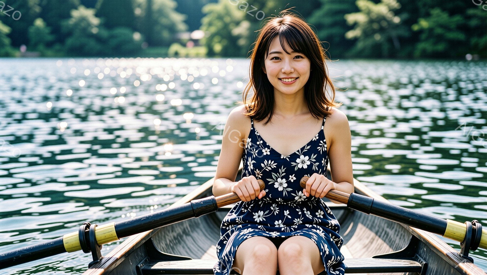 紺色の花柄のワンピースを着た女性が、ボートを漕いでいる。彼女は微笑んでおり、少し内巻きのヘアスタイルで、前髪が眉毛にかかっている。背景には水面がキラキラと輝き、緑豊かな自然と遠くに見える建物があり、穏 - AI生成フリー素材