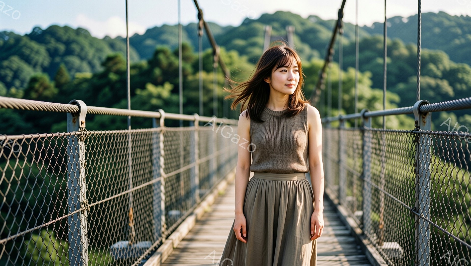 女性は、茶色のノースリーブニットと、膝下丈の茶色のプリーツスカートを身に着けている。彼女は橋の上を歩いており、少し横を向いて微笑んでいる。背景には緑豊かな山々と、吊り橋のメッシュ構造が見え、穏やかで自然に囲まれた雰囲気が漂っている。