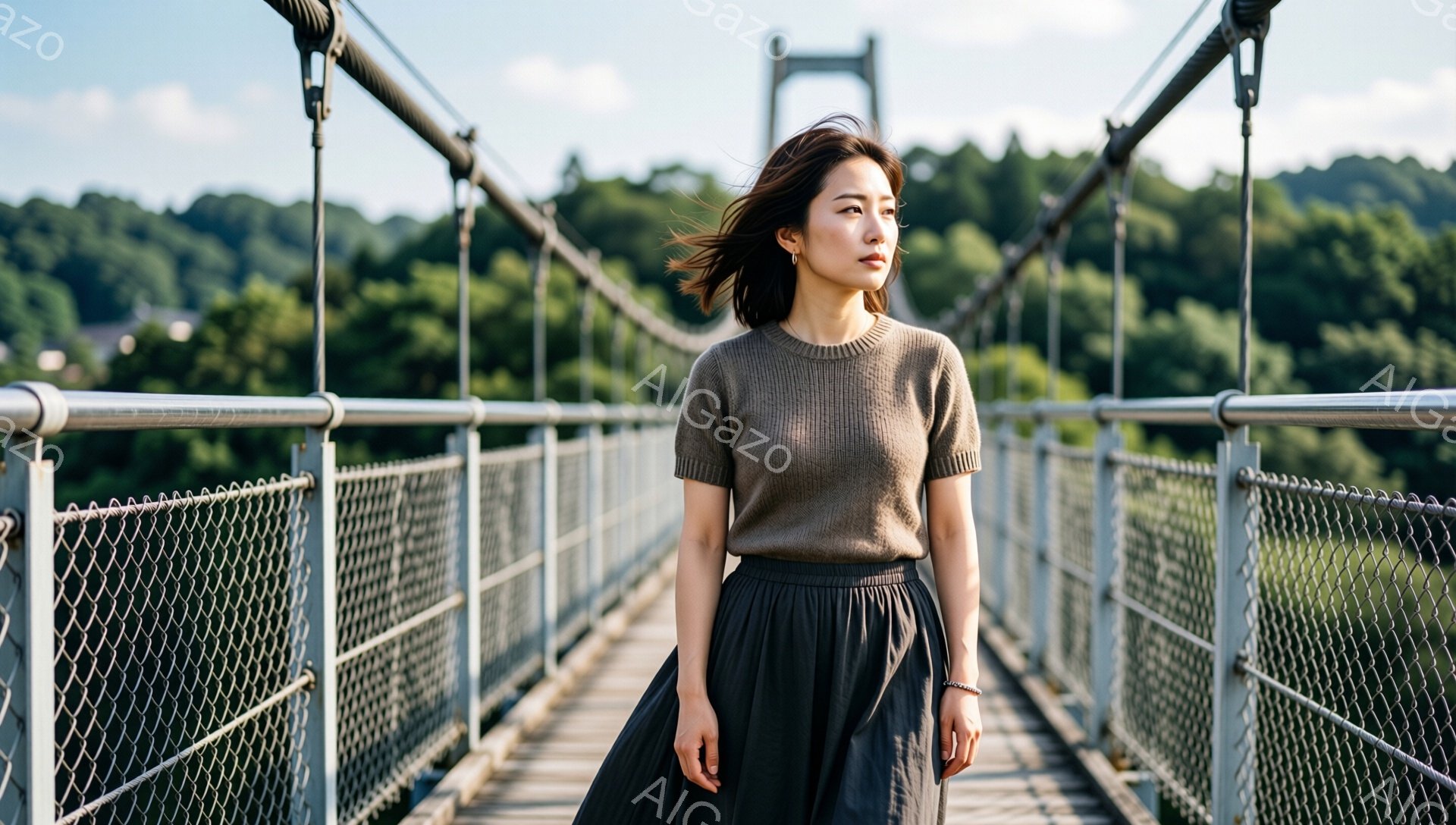 彼女は茶色のセーターと黒いスカートを着て、吊り橋の上を歩いています。髪は肩まで伸びて少し風で揺れ、顔は横を向き、どこか物憂げな表情をしています。背景には緑豊かな森林と青い空が広がり、晴天の下、穏やかで少し寂しげな雰囲気が漂っています。