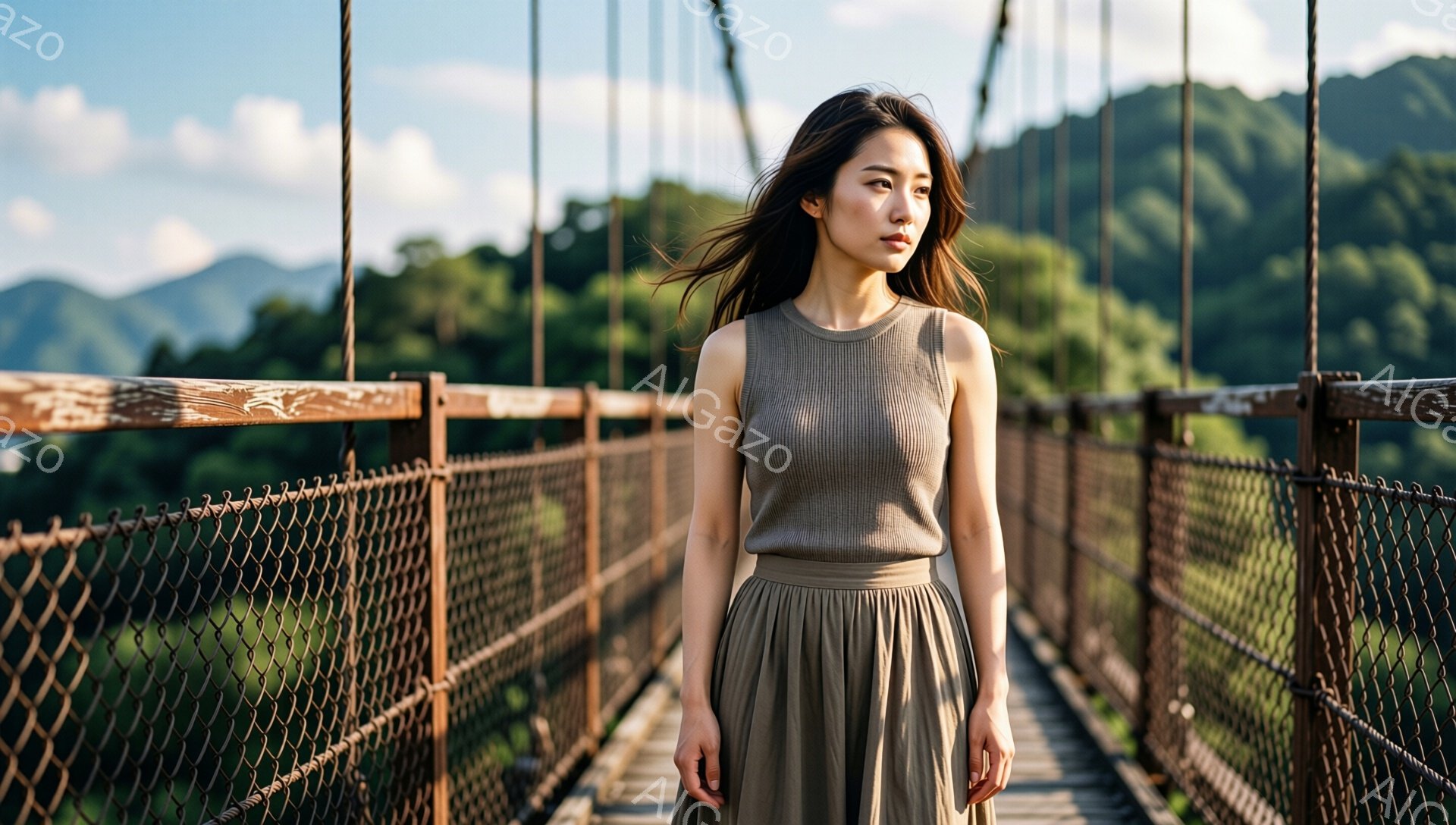 長い髪をなびかせ、ベージュのニットトップスとロングスカートを身につけた女性が、吊り橋の上を歩いている。彼女は少し前方を見据え、落ち着いた表情をしている。背景には緑豊かな山々が広がり、晴れた空が広がっているため、自然と調和した穏やかな雰囲気が感じられる。