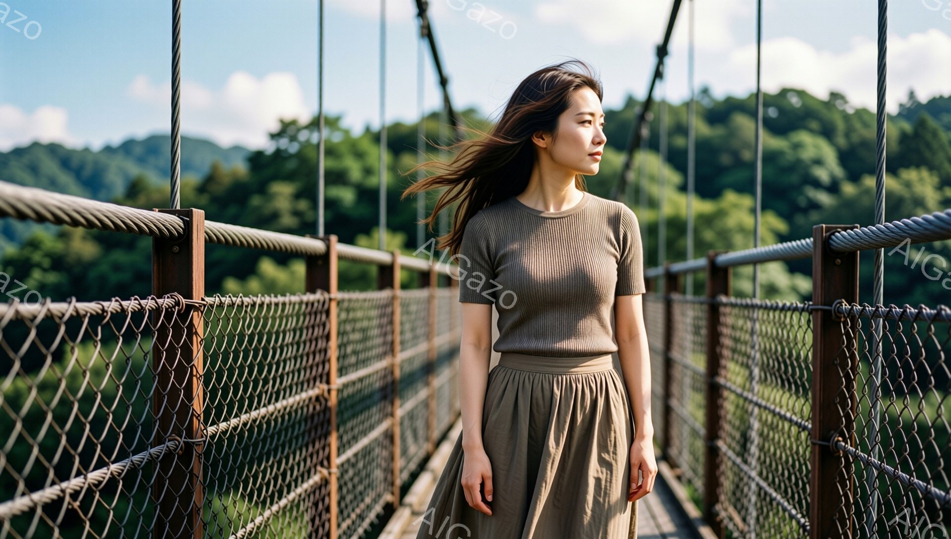 長い髪を風になびかせながら、女性が吊り橋の上を歩いている。ベージュのニットとロングスカートを身に着け、少し憂いを帯びた表情で遠くを見つめている。背景には緑豊かな山々と青空が広がり、穏やかで自然に満ちた雰囲気を醸し出している。