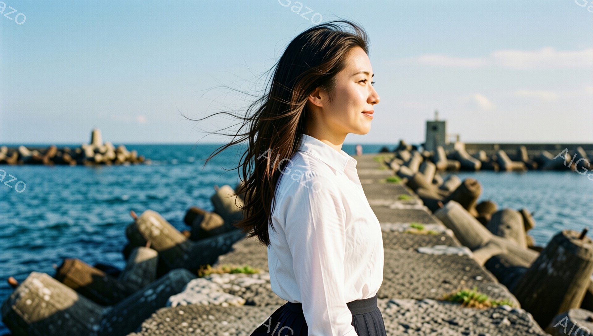 長い黒髪が風になびき、白いシャツにスカート姿の女性が横を向いて立っている。背景には、岩場と防波堤、そして穏やかな青い海と空が広がり、晴天の穏やかな雰囲気が漂っている。女性は遠くを見つめ、どこか物憂げで静かな表情をしている。
