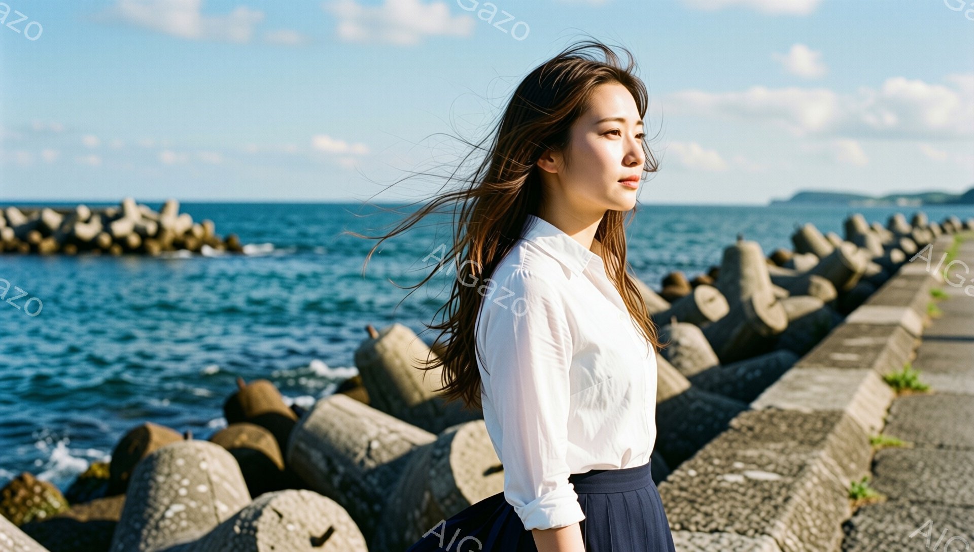 長い髪を風になびかせながら、白いシャツと紺色のスカートを着た女性が海を眺めている。彼女は横顔で、少し微笑んでいるように見え、穏やかな表情をしている。背景には、コンクリートの防波堤と青い海が広がり、晴れた空の下で静かで穏やかな雰囲気が漂っている。