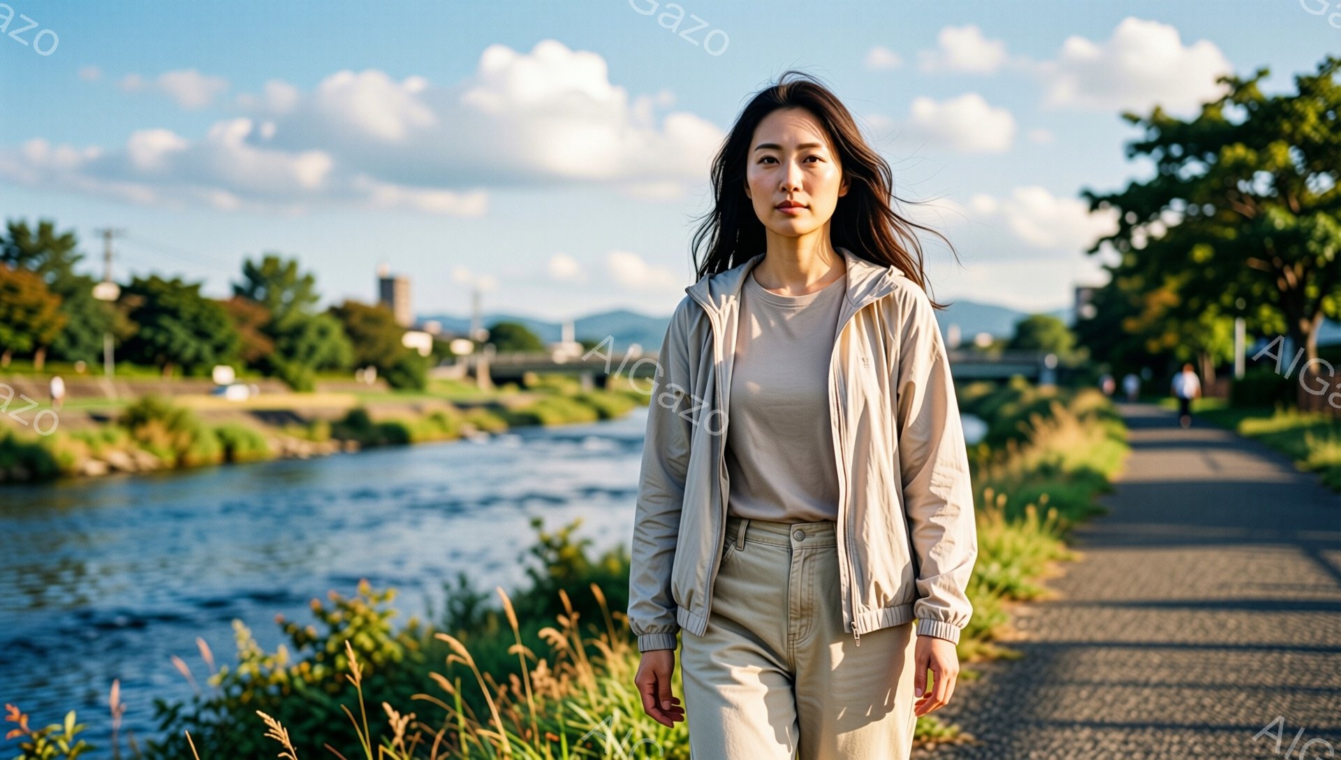 長い黒髪を揺らしながら、ベージュのトラックジャケットとパンツを身に着けた女性が、川沿いの遊歩道を歩いている。彼女はやや真剣な表情で、こちらを見つめているように見える。背景には、青い空と白い雲、遠くの山々、そして川にかかる橋が広がり、穏やかで自然豊かな雰囲気が漂っている。