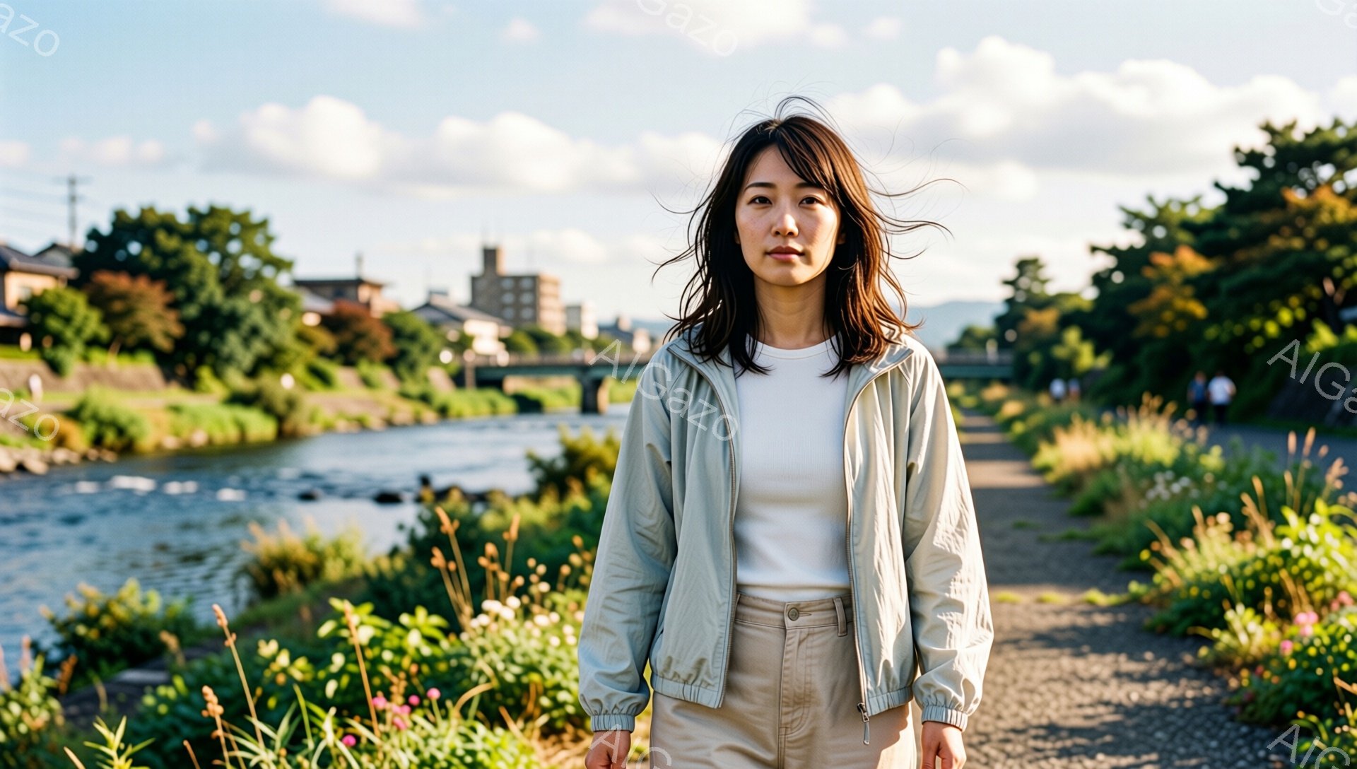 短い髪の女性が、クリーム色のウィンドブレーカーとベージュ色のズボンを身につけ、道端に立っている。彼女はカメラの方をまっすぐ見ており、表情は落ち着いているが少しクールだ。背景には川と緑豊かな植物、遠くには建物が見え、晴れた空の下、穏やかで自然な雰囲気が漂っている。