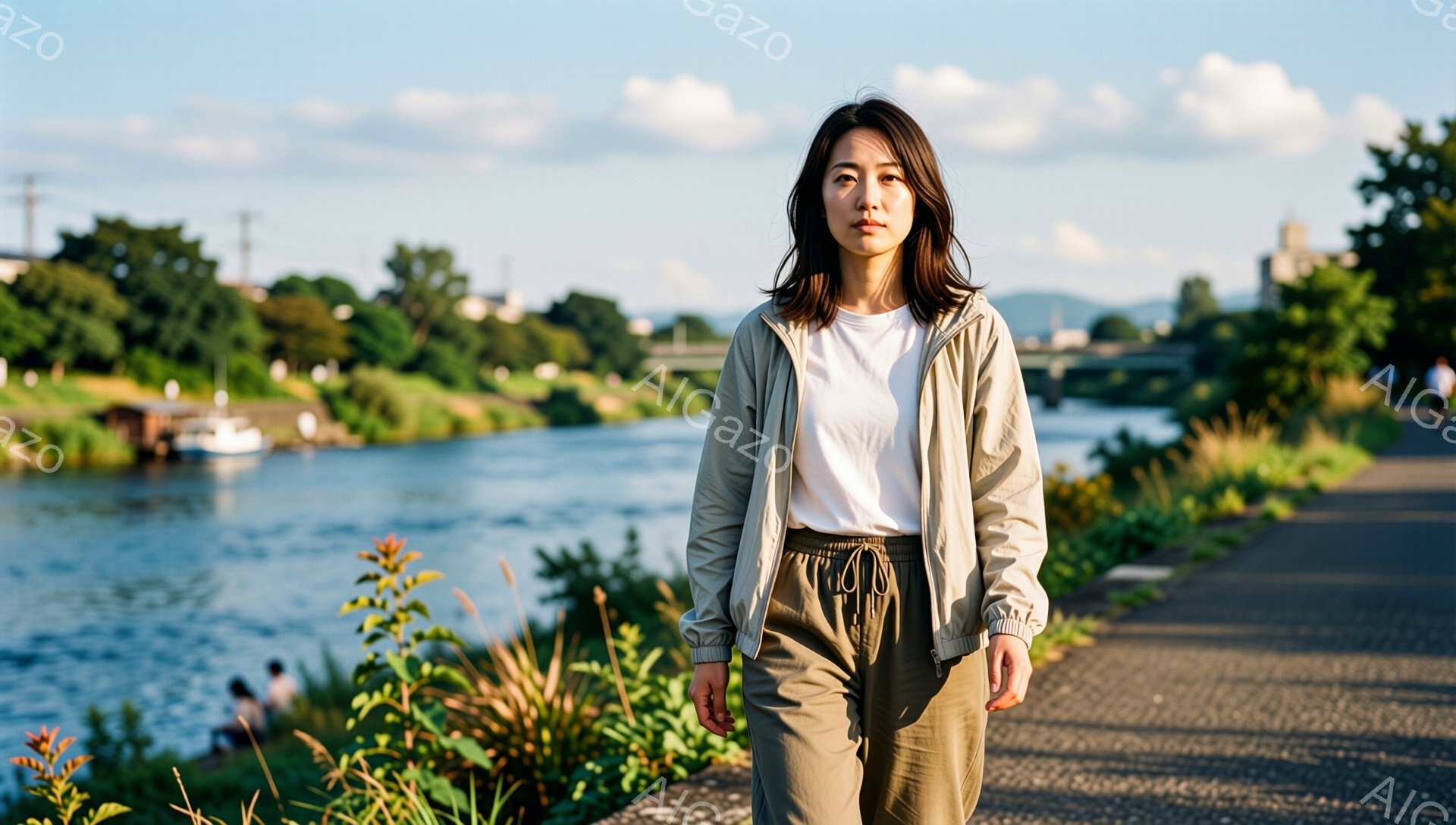 画像には、ベージュのジャケットとゆったりとしたパンツを着た若い女性が写っています。彼女は少し下を向き、物憂げな表情で、アスファルトの遊歩道を歩いています。背景には、緑豊かな木々と川、そして遠くに見える建物が広がっており、晴れた日の穏やかな雰囲気が漂っています。