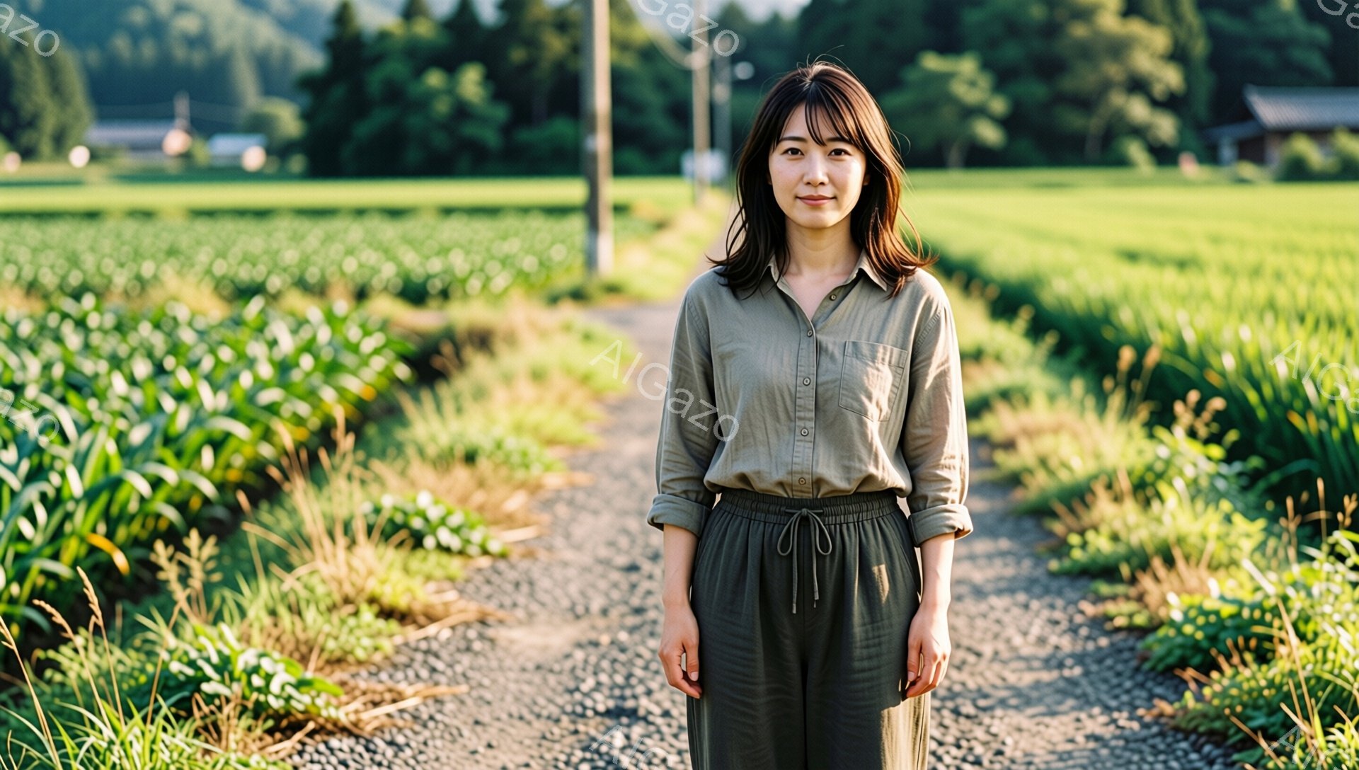 緑豊かな田園風景の中に、茶色のシャツとズボンを身につけた女性が立っている。彼女は肩までの長さの茶髪で、穏やかな表情を浮かべている。背景には緑色の田んぼが広がり、遠くには建物が見え、穏やかで自然な雰囲気を醸し出している。