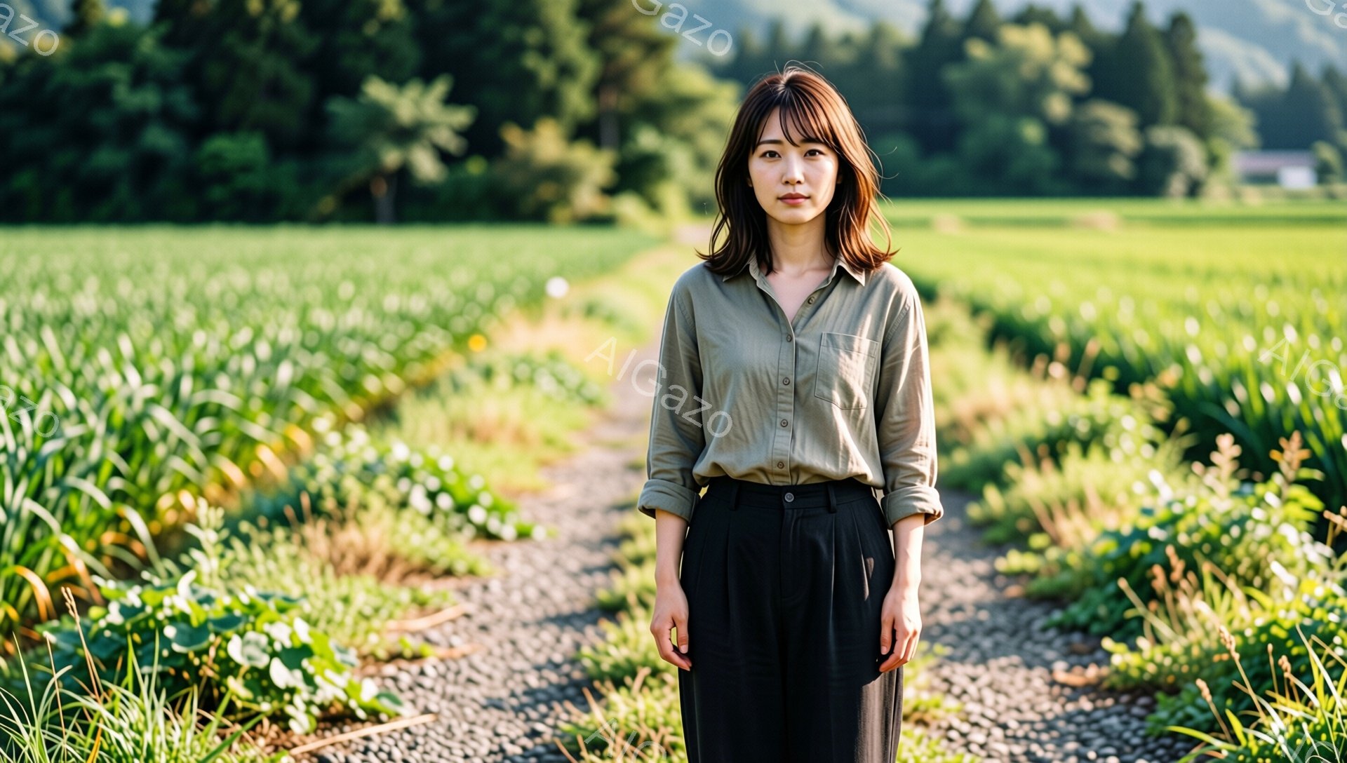 浅い緑色のシャツに黒いズボンを身に着けた女性が、緑豊かな畑の中の砂利道に立っている。彼女は肩までの長さの茶色の髪をしており、表情は穏やかで少し物憂げである。背景には、緑の作物が並び、遠くには山々が見え、晴れた日の穏やかな田園風景を思わせる。