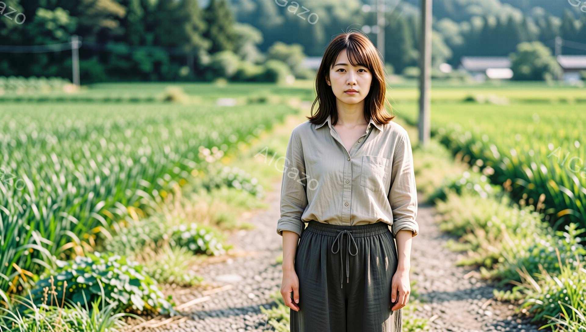 若い女性が、緑豊かな畑の中を歩いているように見える。彼女はベージュのシャツとダークグレーのゆったりとしたパンツを着用しており、肩までの長さの茶髪が特徴的だ。背景には、整然と並んだ緑の作物が広がり、遠くには山々と建物が見える、穏やかで自然な雰囲気の画像である。