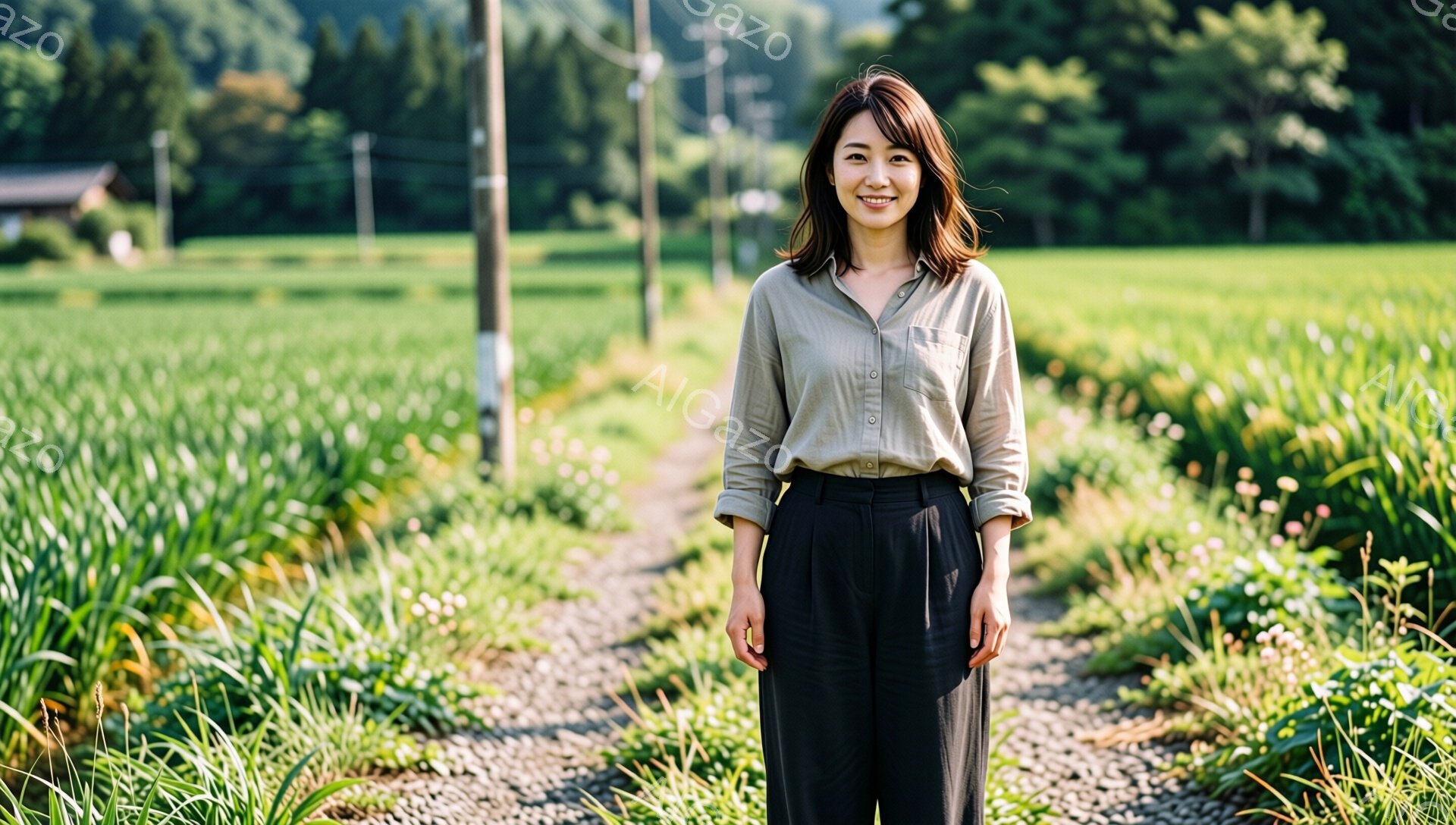 浅い緑色のシャツと黒いワイドパンツを身につけた女性が、緑豊かな田んぼの真ん中の砂利道に立っている。彼女は微笑んでおり、髪は肩までの長さで、自然なウェーブがかかっている。背景には、緑の田んぼが広がり、遠 - AI生成フリー素材