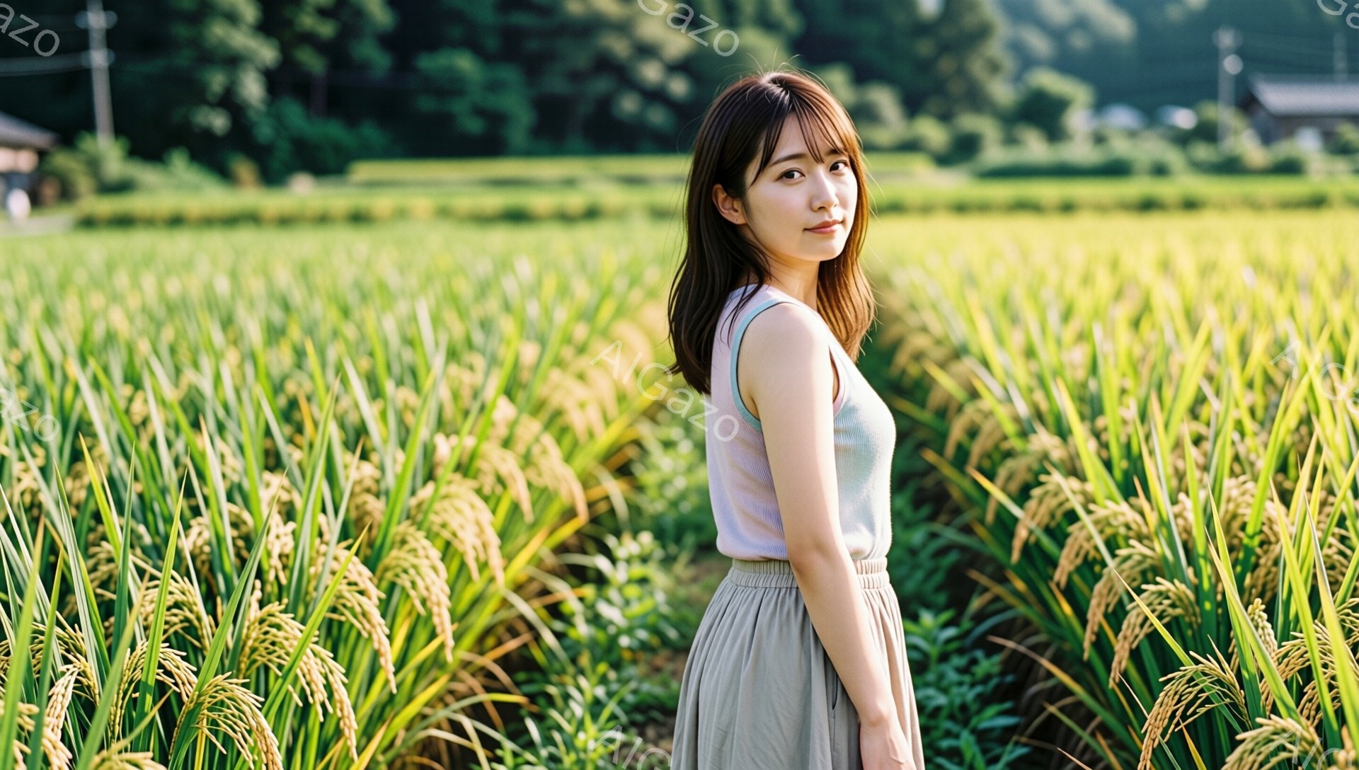 若い女性が黄金色の稲穂が広がる田んぼの中に立っている。彼女は薄いピンク色のタンクトップとベージュのスカートを身につけ、肩を少し後ろに傾け、カメラの方を振り返っている。背景には緑豊かな山々と青空が広がり、穏やかで牧歌的な雰囲気が漂っている。