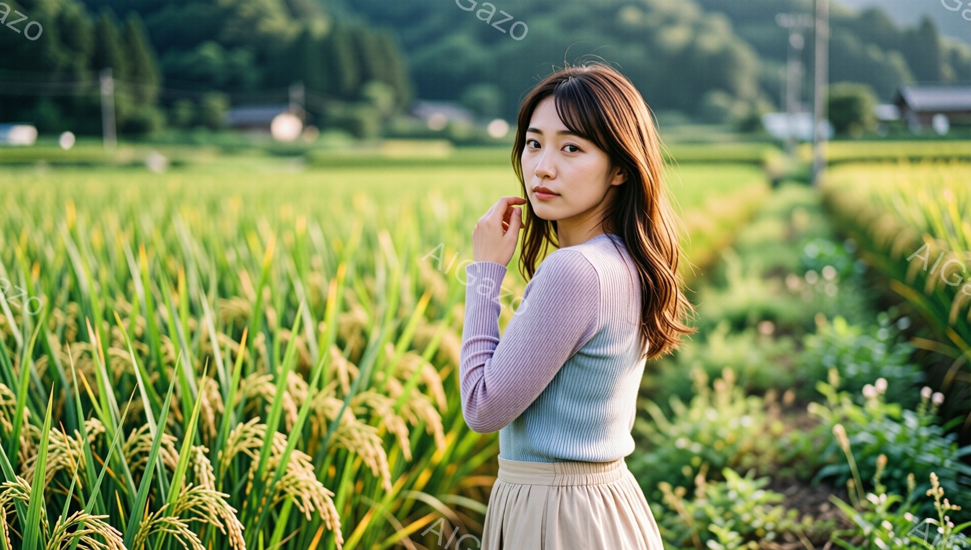 若い女性が田んぼの中に立っており、薄紫色の長袖シャツとベージュのスカートを身につけています。彼女は少し振り返り、片手を頬にあてて物憂げな表情を浮かべており、髪は肩までの長さでゆるやかにカールしています。背景には緑豊かな田んぼが広がり、遠くには建物と山々が見え、穏やかで静かな雰囲気が漂っています。