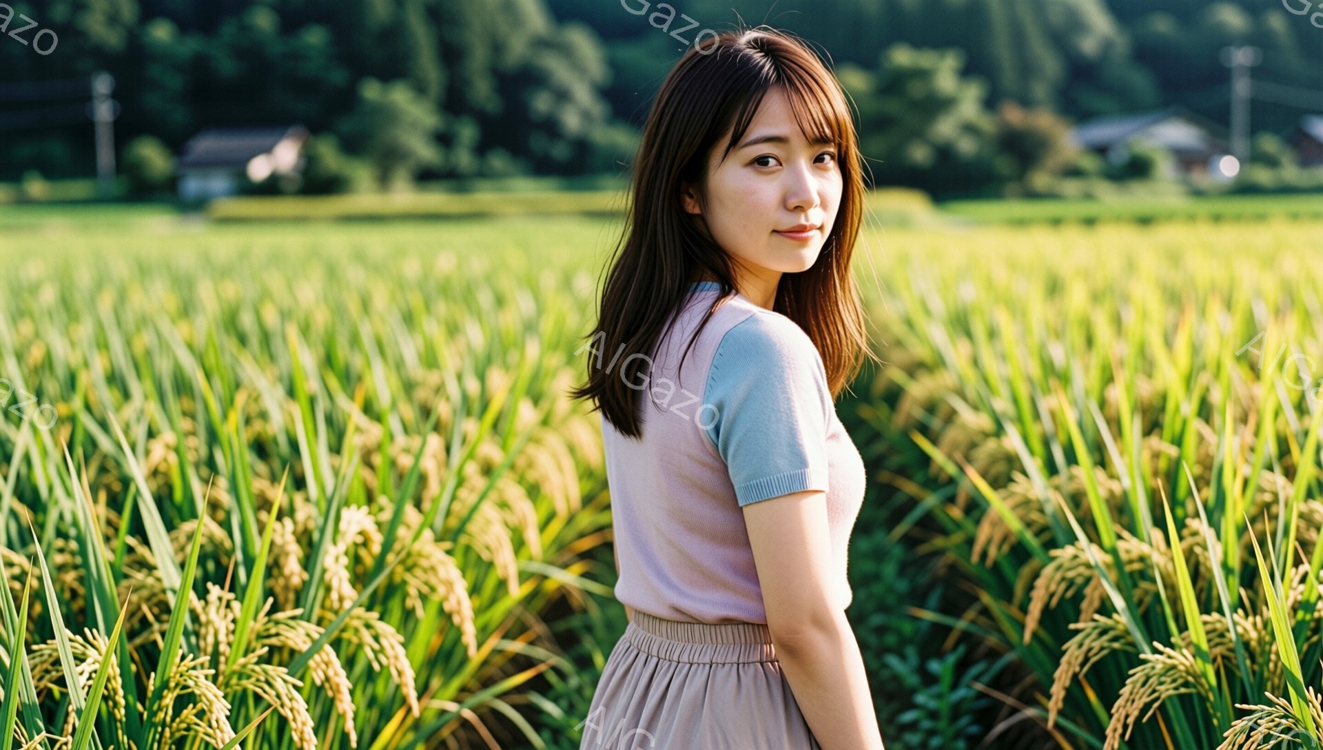 浅いピンク色のセーターとベージュのスカートを着た女性が、黄金色に輝く稲田の中に立っています。彼女は軽く振り返り、穏やかな微笑みを浮かべています。背景には、緑豊かな山々と、遠くに見える家屋があり、全体的に穏やかで平和な雰囲気が漂っています。
