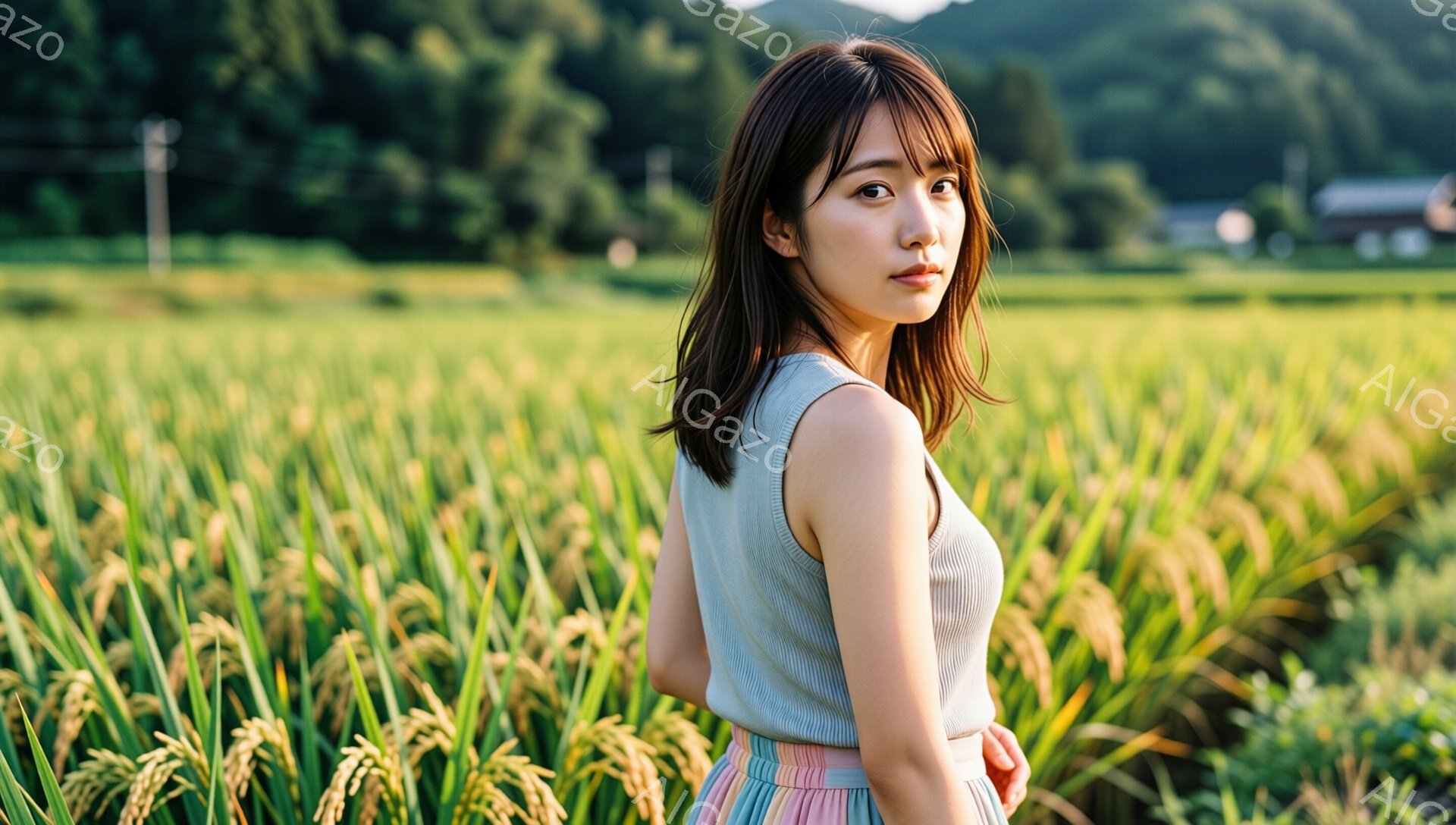 長い茶色の髪を肩のあたりで切り揃えた女性が、薄緑色のタンクトップとパステルカラーのスカートを着て、田んぼの中で後ろを向いて立っている。彼女は少し微笑んでおり、視線はカメラから少し外れている。背景には、緑豊かな田んぼと遠くに見える山々、そして青空が広がり、穏やかで牧歌的な雰囲気を醸し出している。
