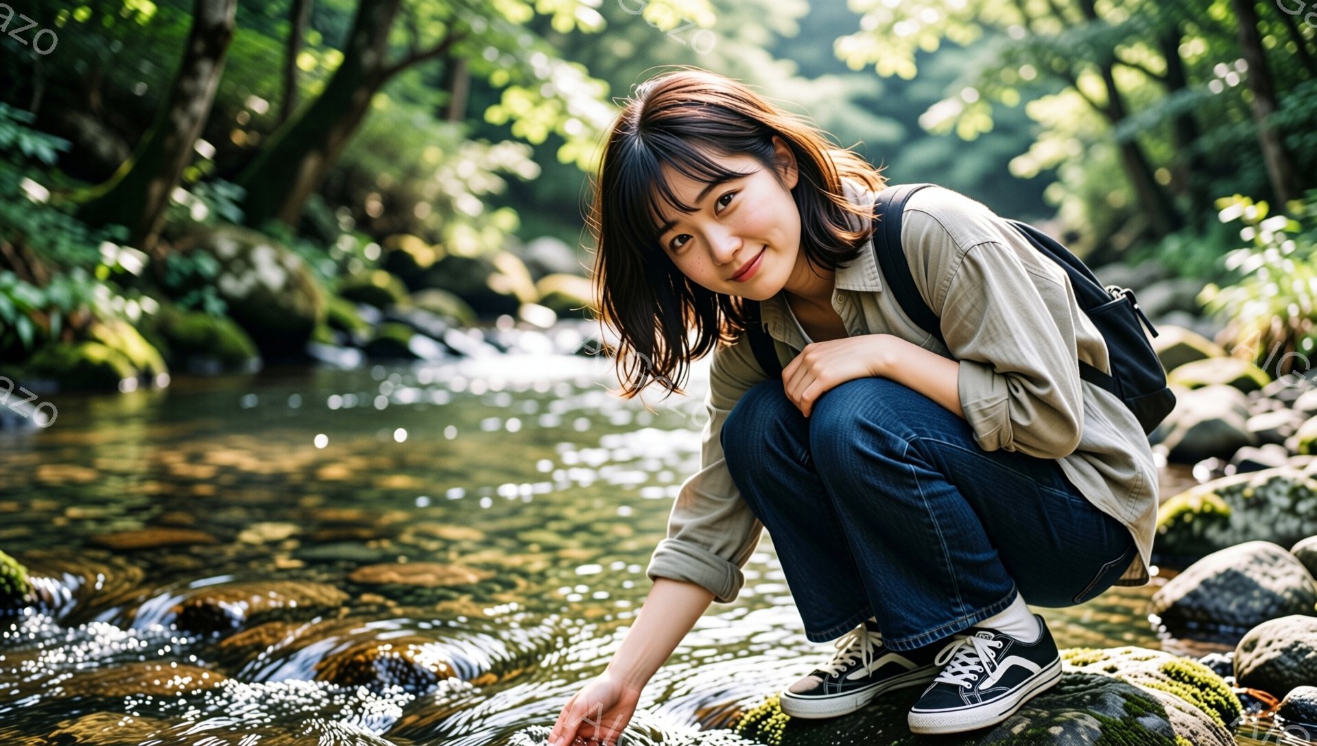 若い女性がひざまずき、清流に手を伸ばしている様子が写っている。ベージュ色のシャツに濃いデニム、スニーカーを履き、肩にはリュックサックを背負っている。背景は緑豊かな森林で、日差しが差し込み、水面がきらきらと輝いている。