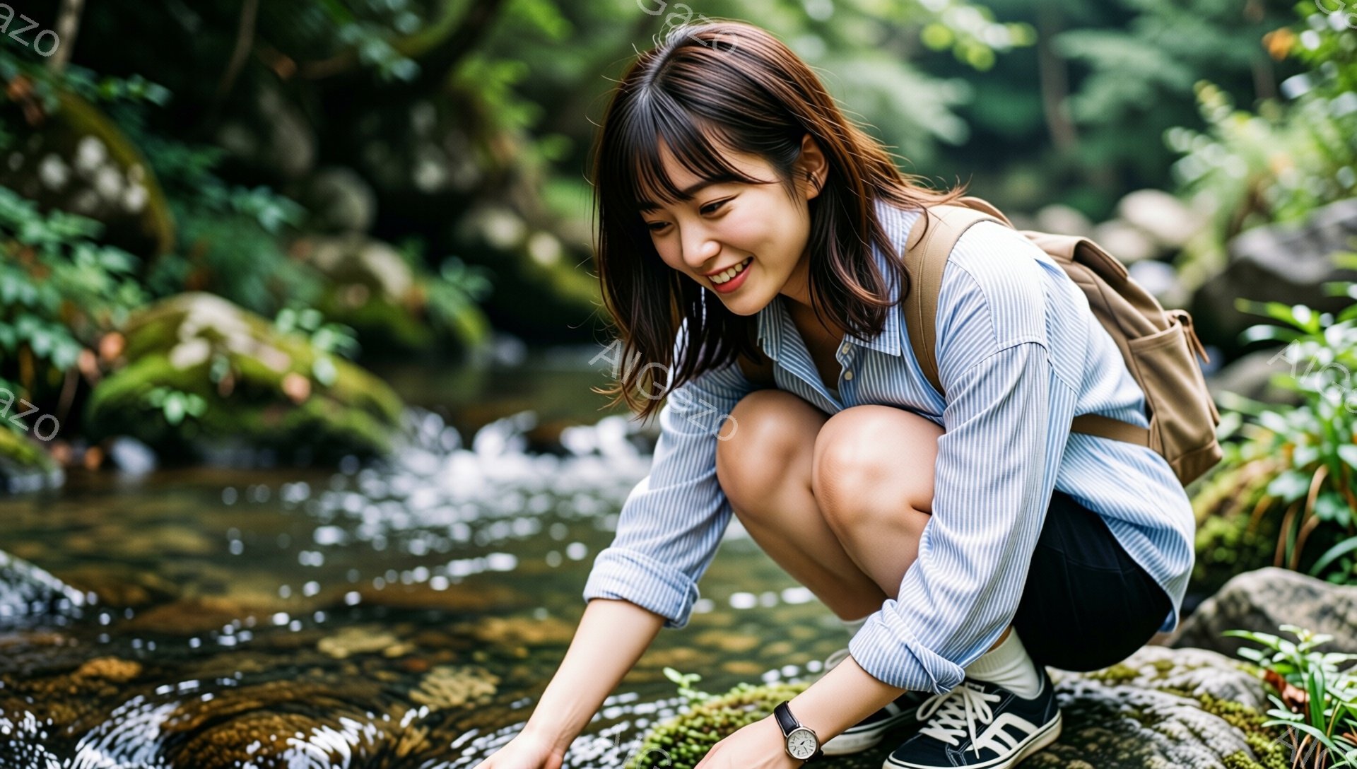 若い女性が小川のほとりでしゃがみ込み、水面を覗き込んでいます。ストライプのシャツに短パン、スニーカーというカジュアルな服装で、肩にはリュックサックを背負っています。背景には緑豊かな植物が広がり、水は澄んでいて、全体的に爽やかで自然な雰囲気が漂っています。
