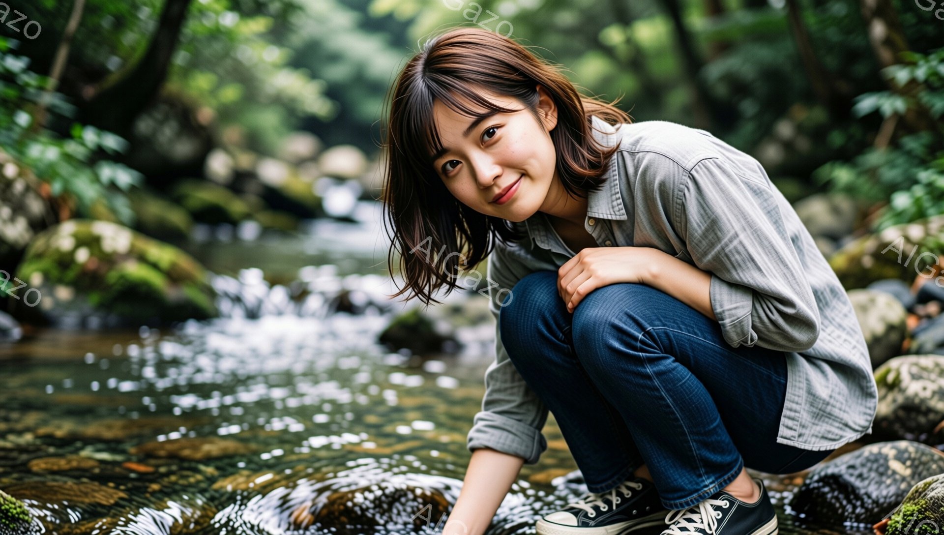 若い女性が水辺にしゃがみこんでおり、笑顔でカメラを見ています。彼女はグレーのチェック柄のシャツと濃い青色のジーンズ、そして白いスニーカーを履いています。背景には緑豊かな植物が生い茂り、水面がキラキラと輝く小川が流れており、自然の中でリラックスした雰囲気が漂っています。