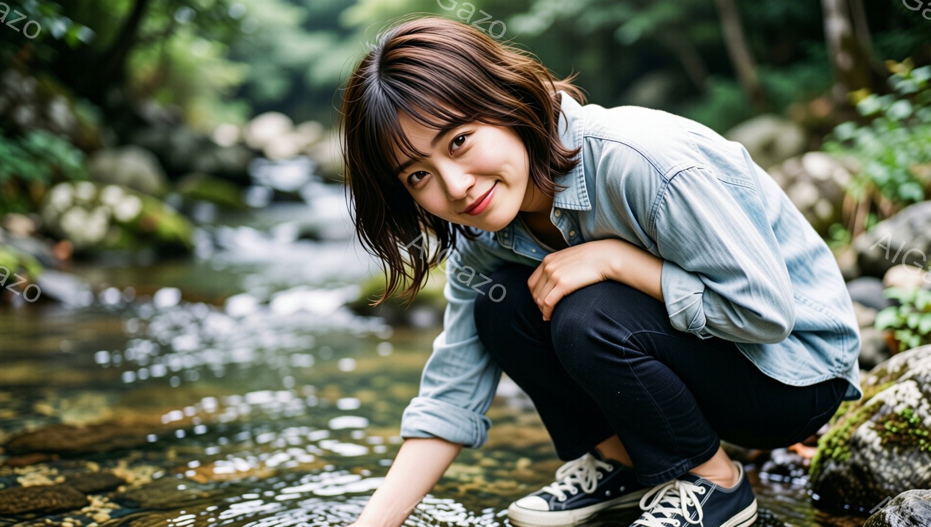 茶髪で前髪を下ろした女性が、水辺にしゃがみ込んで何かを覗き込んでいる。デニムシャツに黒いスキニーパンツ、スニーカーというカジュアルな服装で、笑顔を浮かべている。背景には緑豊かな木々や岩場があり、水は澄んでいて、自然の中でリラックスした雰囲気が漂っている。