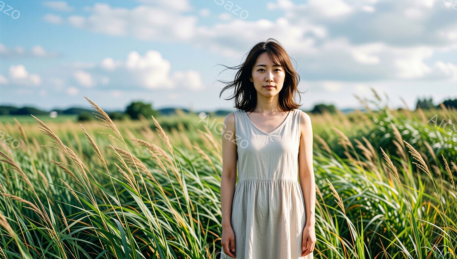 長い髪を無造作に下ろした女性が、草原の中に立っている。ベージュ色のノースリーブのワンピースを着ており、表情は穏やかで少し微笑んでいるように見える。背景には、風に揺れるススキの穂と、遠くに見える緑の木々、そして青空と白い雲が広がっている。