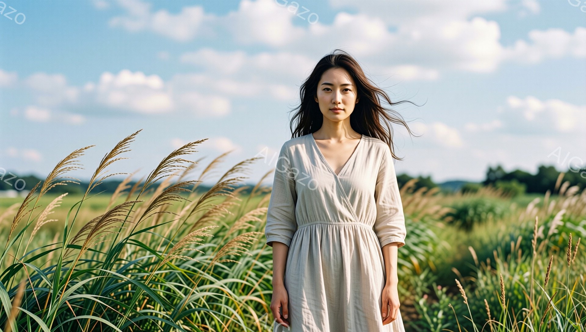 長い髪を風になびかせ、ベージュ色のワンピースを着た女性が、背の高いススキの草原に立っている。彼女は正面を見据え、穏やかで少し物憂げな表情をしている。空は薄い雲に覆われ、背景には緑豊かな森林が見え、秋の穏やかな日差しを感じさせる。
