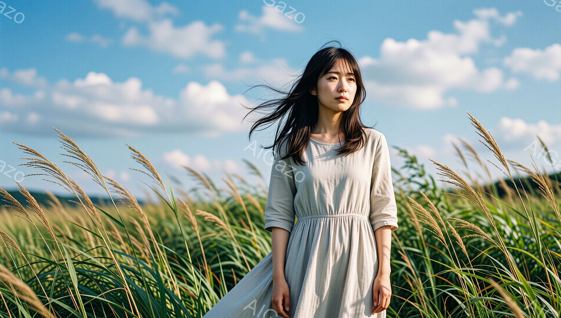 長い黒髪を風になびかせ、ベージュ色のゆったりとしたワンピースを着た女性が写っている。彼女は少し横を向き、遠くを見つめるような表情をしており、背景には黄金色のススキの草原が広がり、空には白い雲が浮かんでいる。全体的に穏やかで、どこか懐かしい雰囲気を感じさせる。