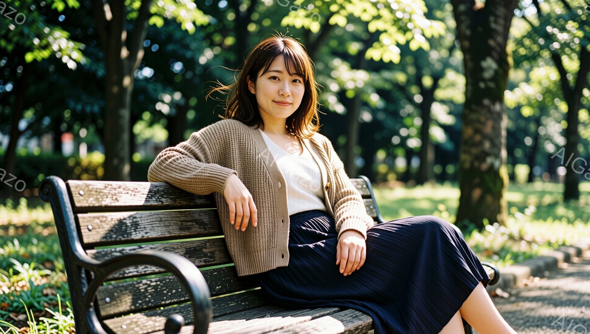 長い茶色のカーディガンを着て、白いインナーと濃い青色のプリーツスカートを合わせた女性が公園のベンチに座っています。彼女は少し微笑んでおり、リラックスした雰囲気です。背景には緑豊かな木々が生い茂り、日差しが差し込み、穏やかな夏の日の光景を表しています。