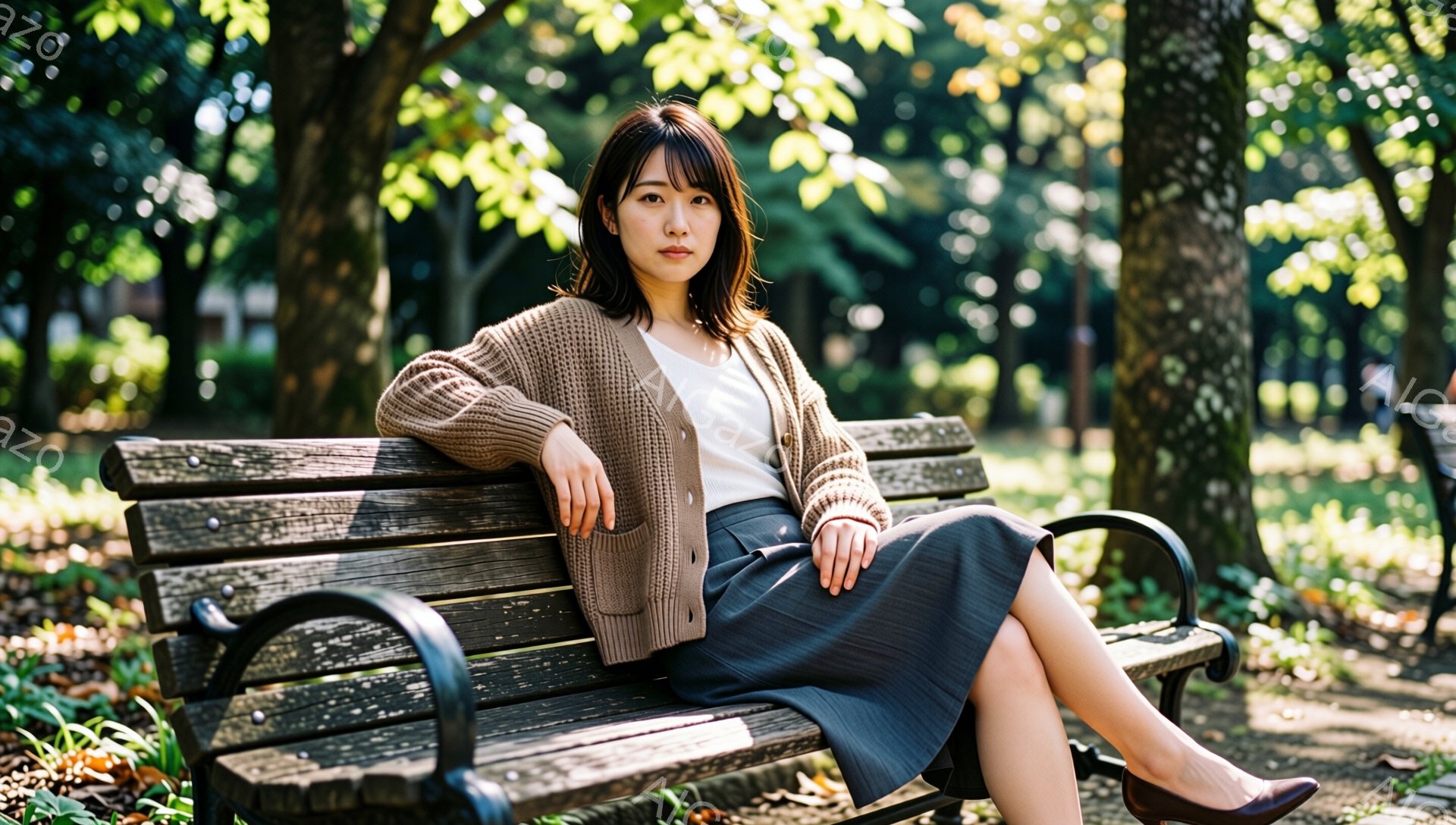 女性は公園のベンチに座っており、ベージュのカーディガンとグレーのプリーツスカートを身につけている。彼女は足を組み、少し微笑んでおり、落ち着いた表情をしている。背景には緑豊かな木々が見え、秋の穏やかな日差しが差し込んでいる。