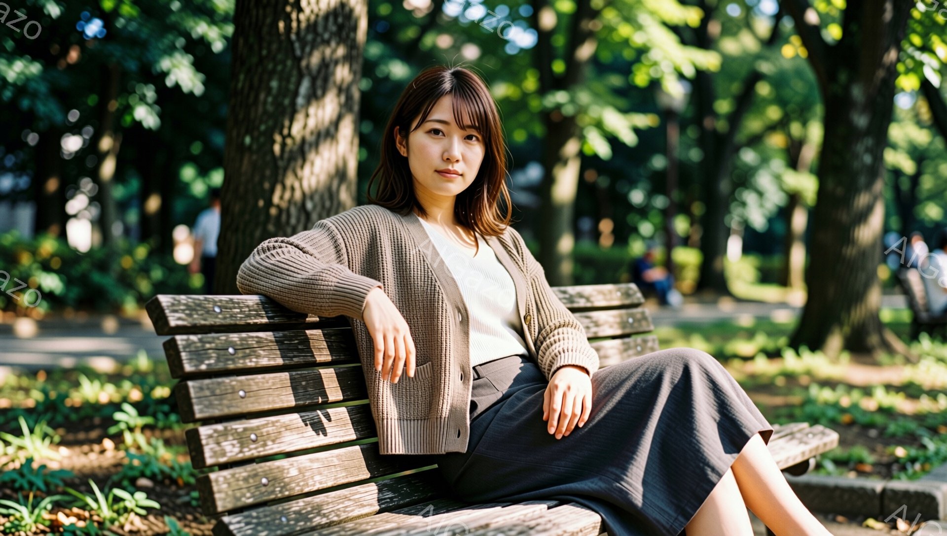 若い女性が公園のベンチに座っており、ベージュの編みカーディガンとグレーのミモレ丈スカートを身に着けている。彼女は軽く微笑み、リラックスした様子で片腕をベンチの背もたれに置き、もう片方の腕を膝に置いてい - AI生成フリー素材