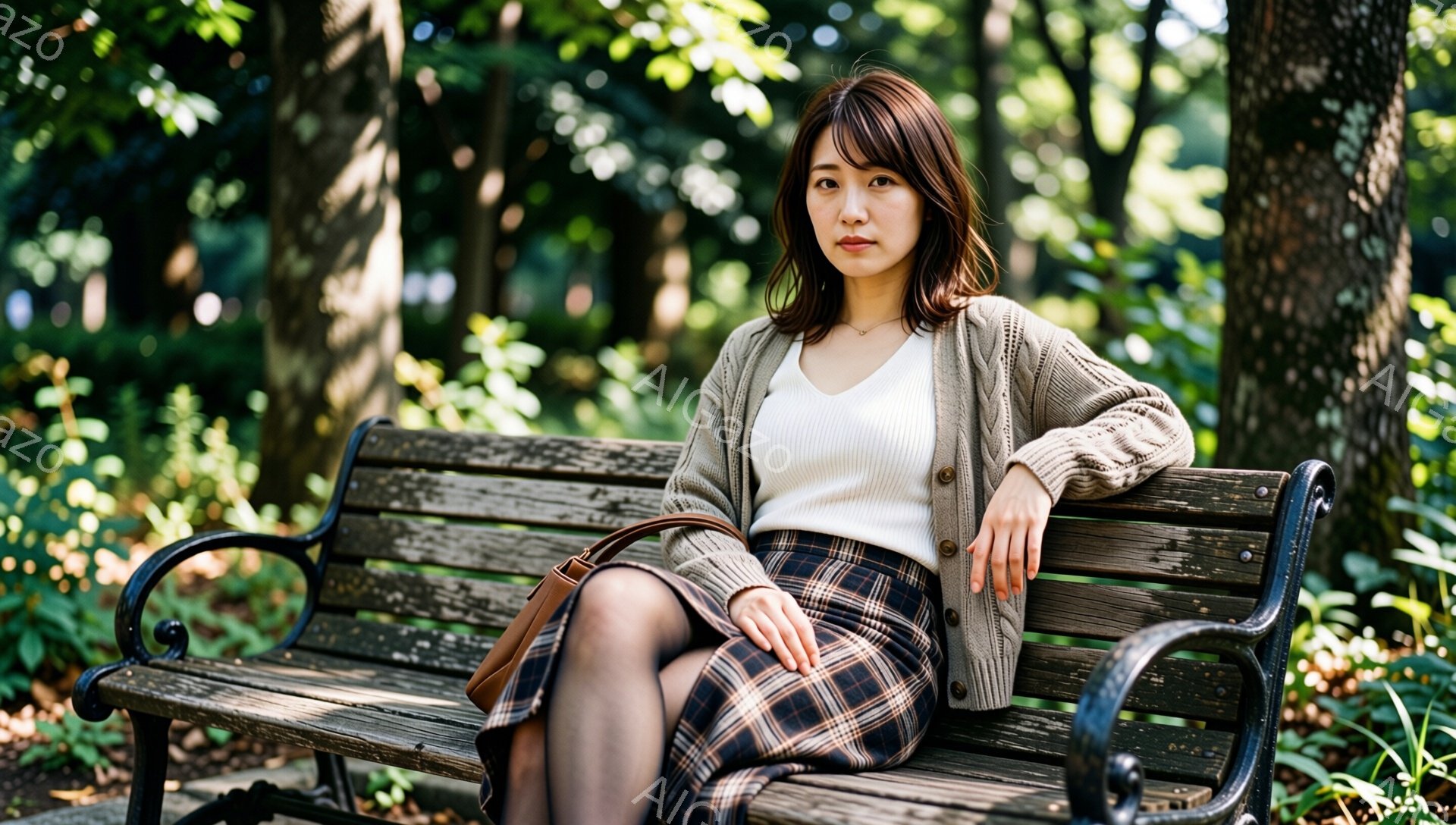 長い茶色の髪を肩のあたりで切り揃えた女性が、公園のベンチに座っています。白いインナーに、ベージュのカーディガン、そしてタータンチェックのスカートを着用し、やや物憂げな表情で遠くを見つめています。背景には緑豊かな木々が生い茂り、日差しが差し込む静かで落ち着いた雰囲気です。