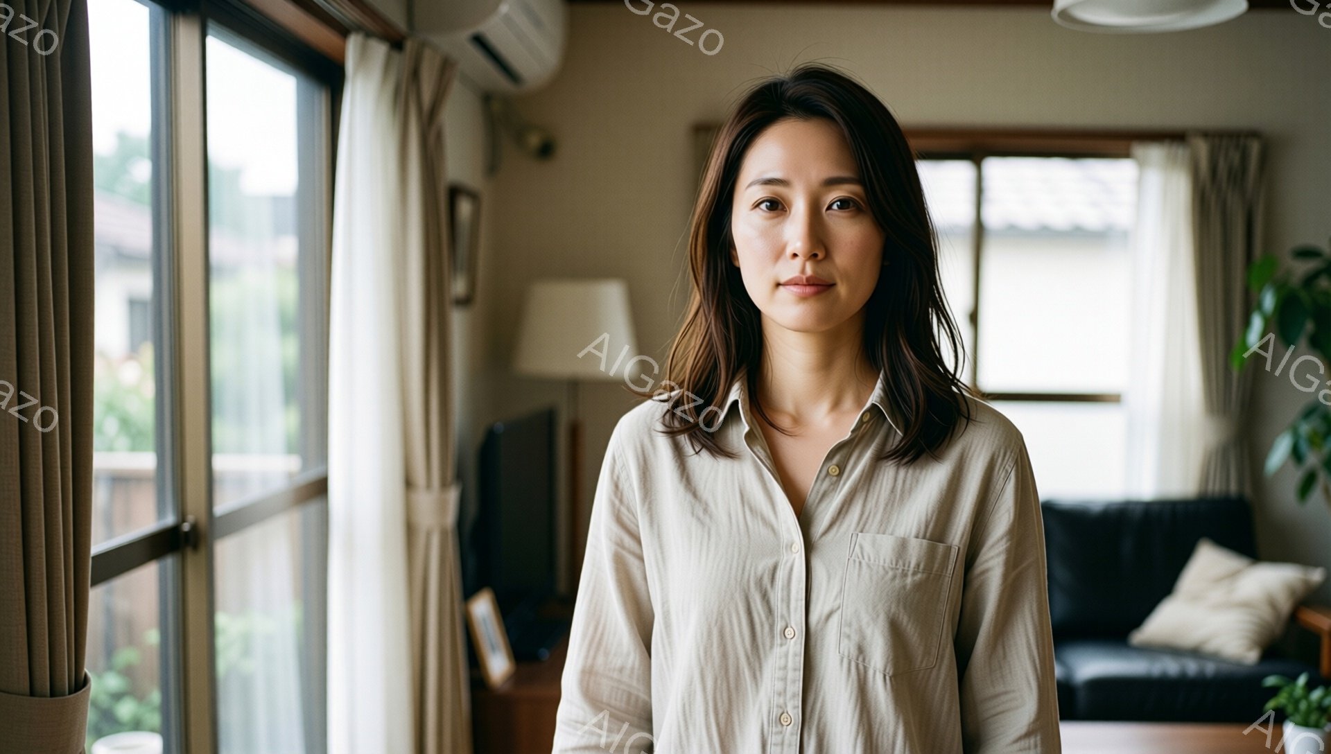 長い髪を肩で切り揃えた女性が、薄いベージュ色のシャツを着て立っています。彼女は穏やかな表情でカメラを見つめており、リラックスした姿勢です。背景には窓から差し込む光が暖かく、リビングルームのソファや家具が見え、全体的に穏やかで家庭的な雰囲気が漂っています。