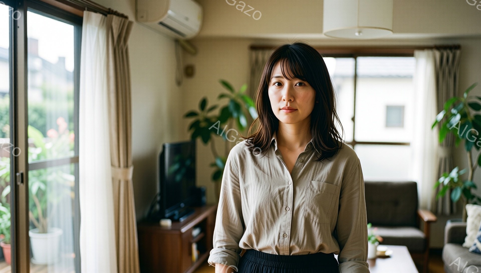 中年くらいの女性が、ベージュ色のシャツに黒いスカートを身に着けて立っている。彼女は肩までの長さの黒髪で、控えめな微笑みを浮かべている。背景には窓からの光が差し込み、木製の家具や植物が配置されたリビングルームが広がっている。
