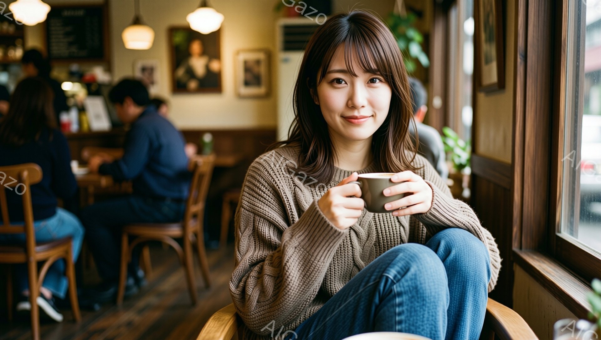 画像には、窓際に座ってコーヒーカップを持っている女性が写っています。彼女は茶色のざっくりとしたセーターとデニムパンツを着ており、肩までの長さのストレートヘアで、穏やかな笑顔を浮かべています。背景にはカフェのテーブルと椅子が見え、窓の外は少しぼやけた街並みで、暖かく落ち着いた雰囲気が漂っています。