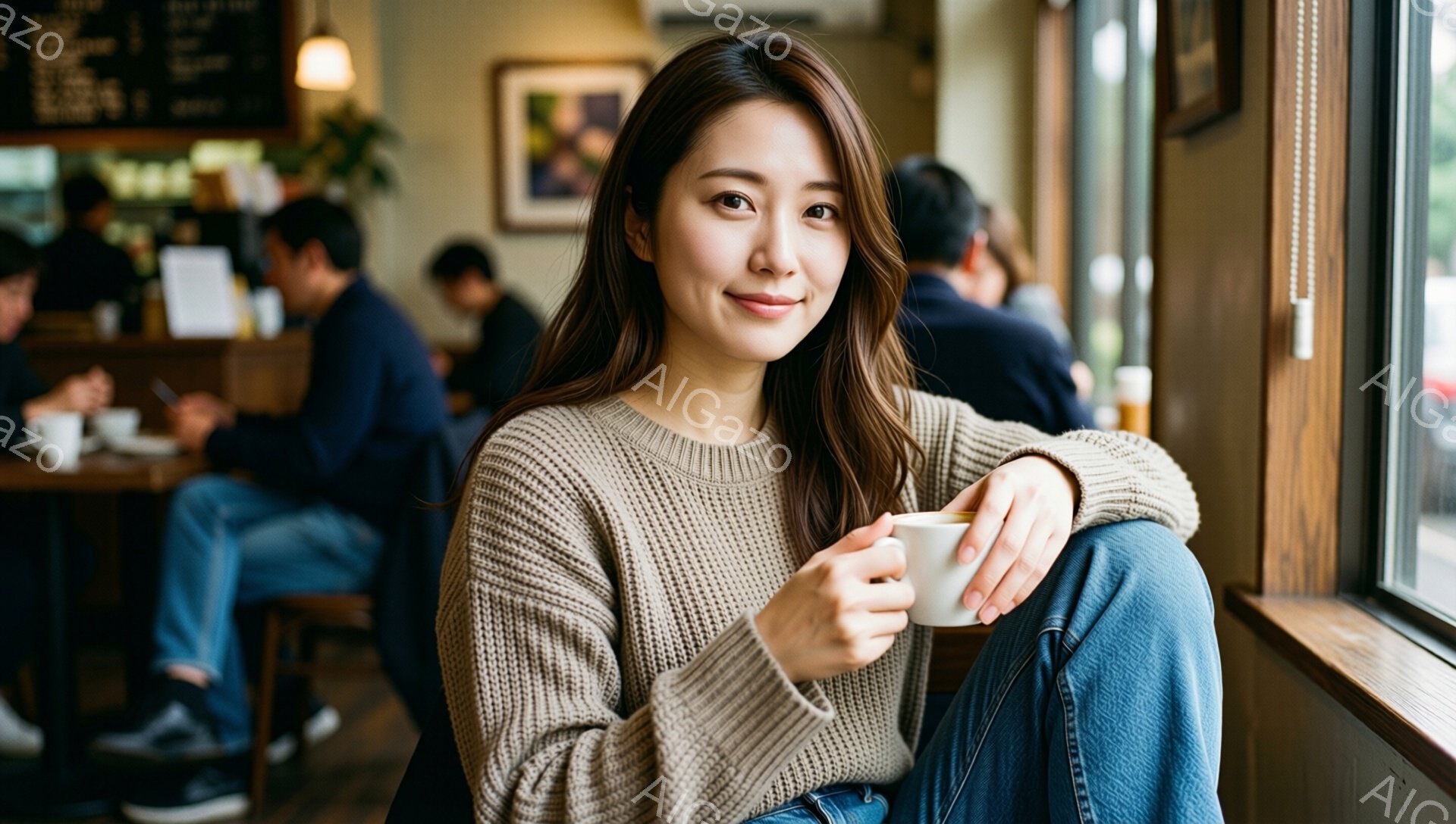 長い茶色の髪を肩にかかるように下ろした女性が、窓際に座って白いマグカップを両手で抱えています。ベージュのざっくりとしたセーターとデニムパンツを身につけ、穏やかな笑顔を浮かべています。背景にはカフェの店内が見え、他の客が座っており、暖かい雰囲気です。