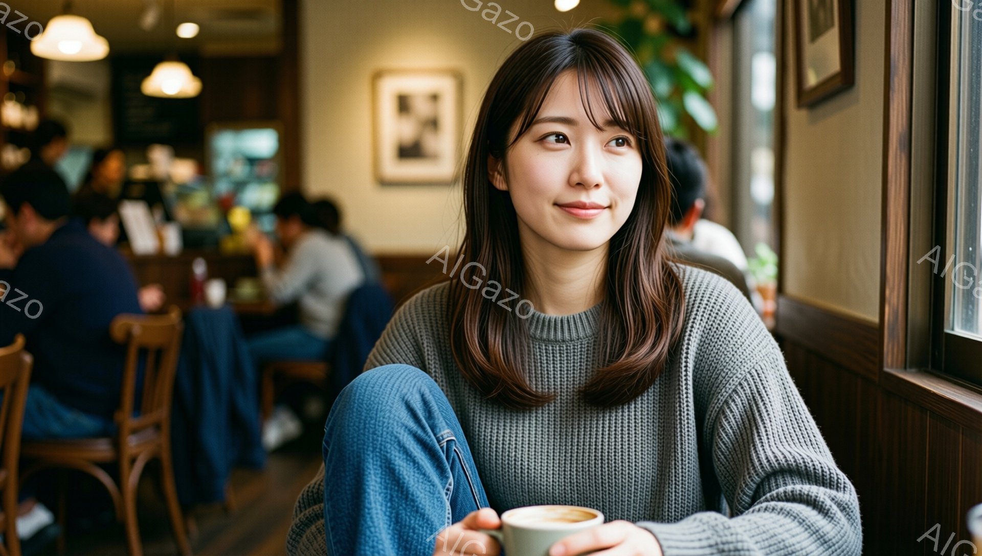 画像には、窓辺に座ってコーヒーカップを持っている若い女性が写っています。彼女はグレーのセーターとジーンズを着ており、肩までの長さの茶髪で、少し微笑んでいます。背景には、他の客が座っているカフェのぼんやりとした様子が見え、暖かく落ち着いた雰囲気です。