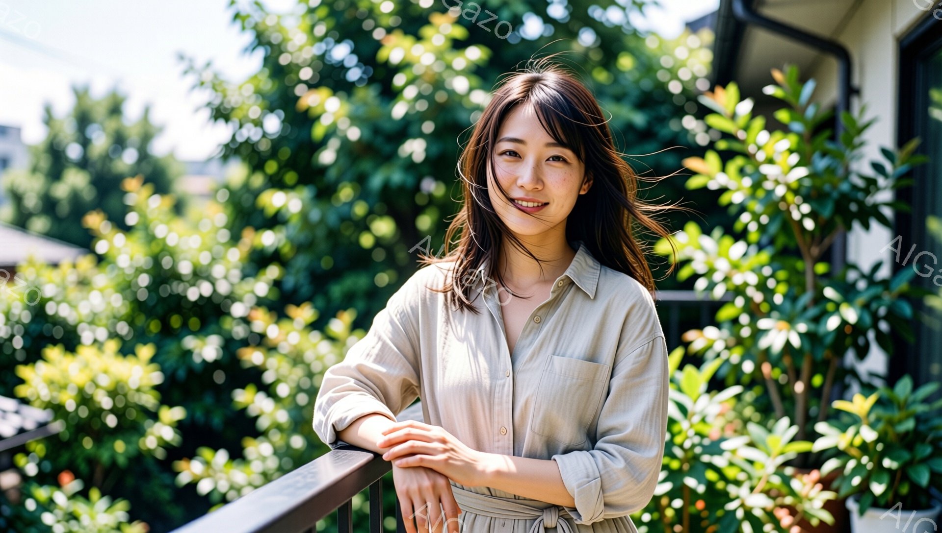 長い髪を軽くウェーブさせた女性が、ベージュ色のシャツワンピースを着て微笑んでいます。手は手すりに置き、リラックスした姿勢で、背景には緑豊かな植物と建物が見えます。明るい日差しの中で、穏やかで自然な雰囲気が漂っています。