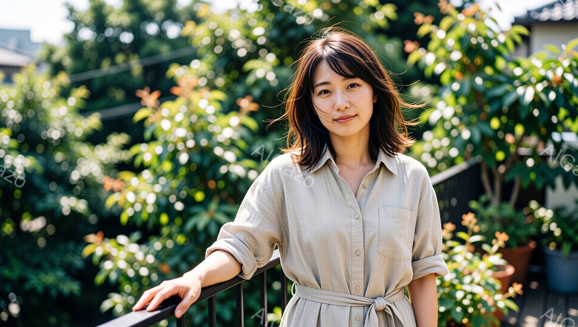 彼女はベージュ色の膝丈のシャツドレスを着ており、ウエストが絞られています。髪は肩までの長さで、少しカールがかかっており、顔の横に流れています。背景には緑豊かな植物と建物が見え、晴れた日の屋外でリラックスした雰囲気が漂っています。