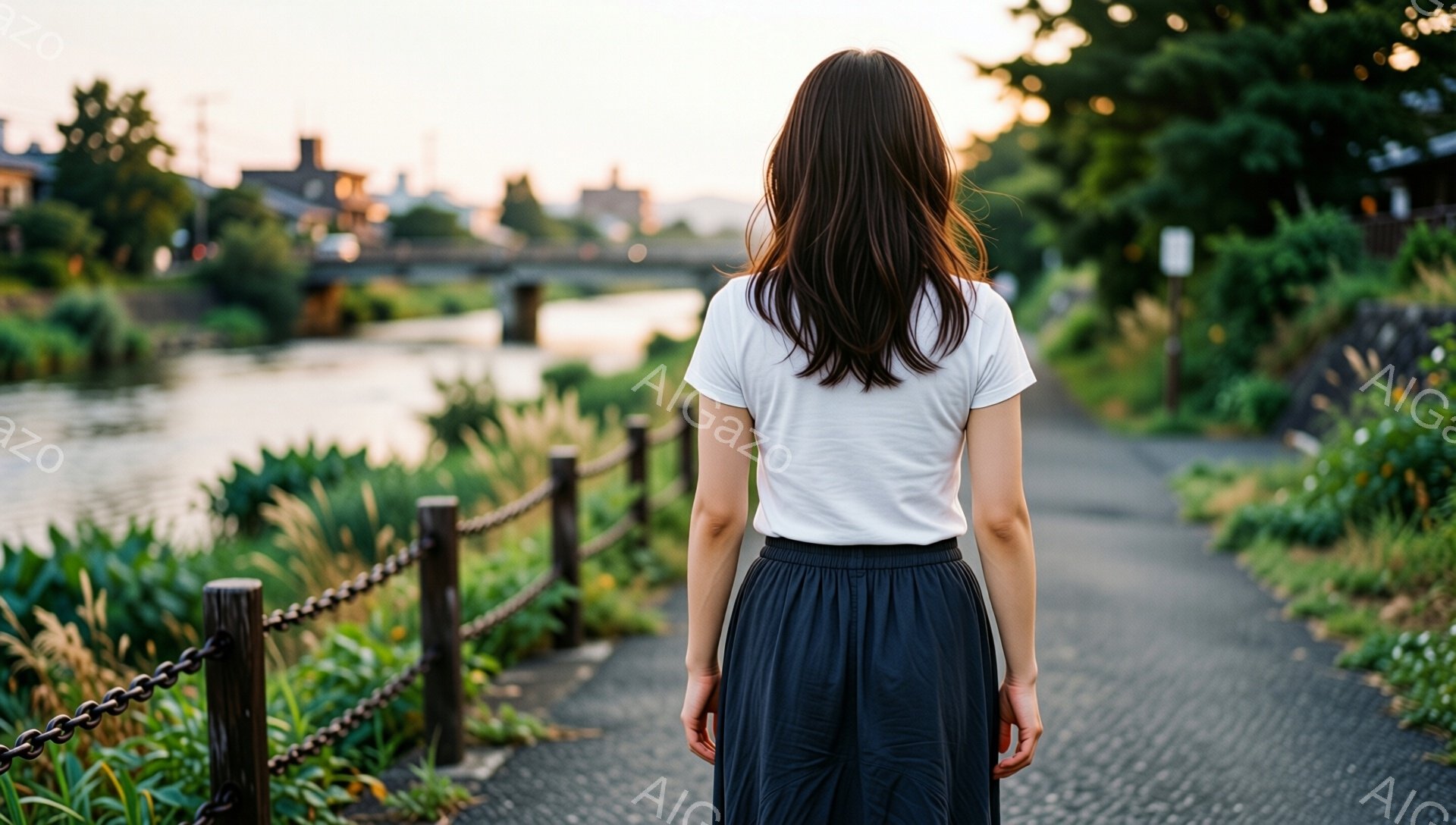 後ろ姿の女性が、緑豊かな川沿いの道を歩いている。白いTシャツにダークブルーのスカートを着用し、長い髪が背中に広がっている。背景には、低い建物と緑の植物が見え、穏やかな天候と静かな雰囲気が感じられる。