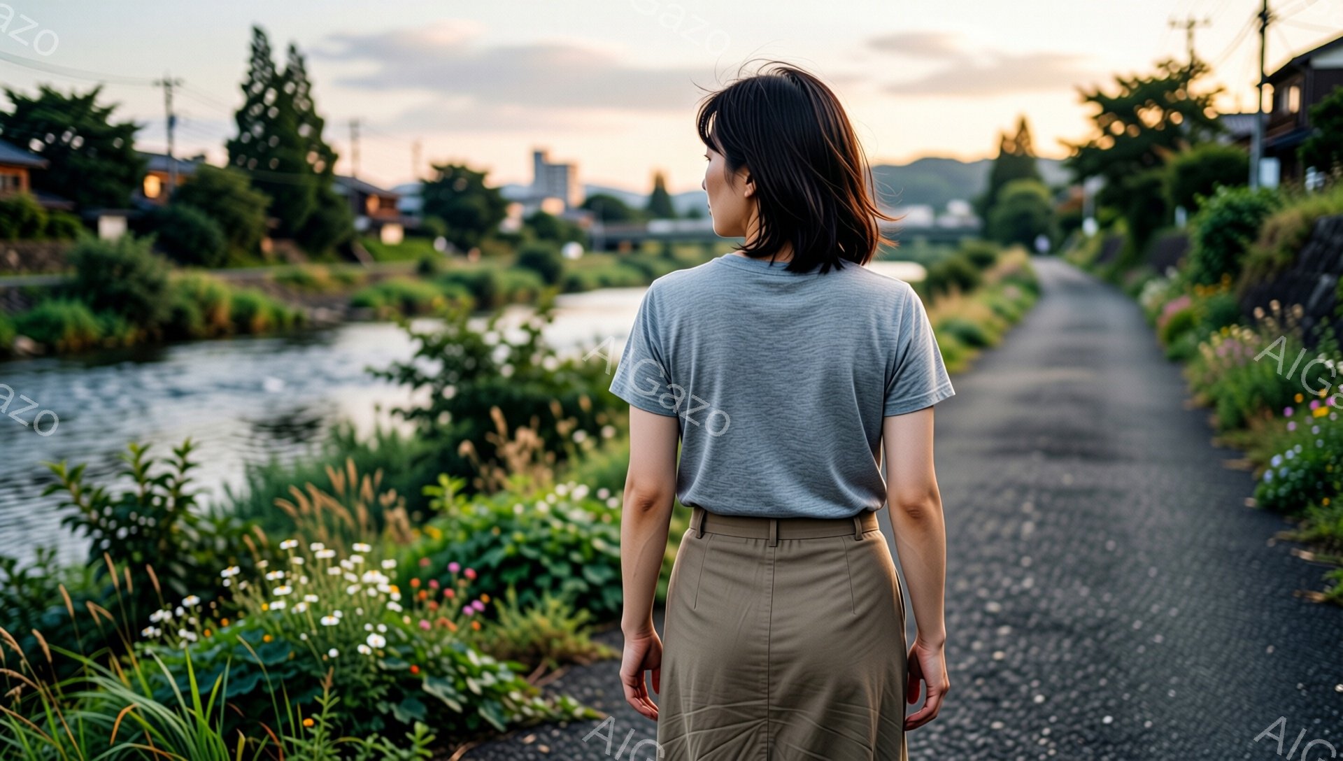 後ろ姿の女性が、緑豊かな川沿いの道を歩いている。彼女はグレーのTシャツとベージュのスカートを身につけ、短い黒髪が肩にかかっている。背景には、住宅地と遠くに見える山々が広がっており、夕暮れ時の穏やかで平和な雰囲気を醸し出している。