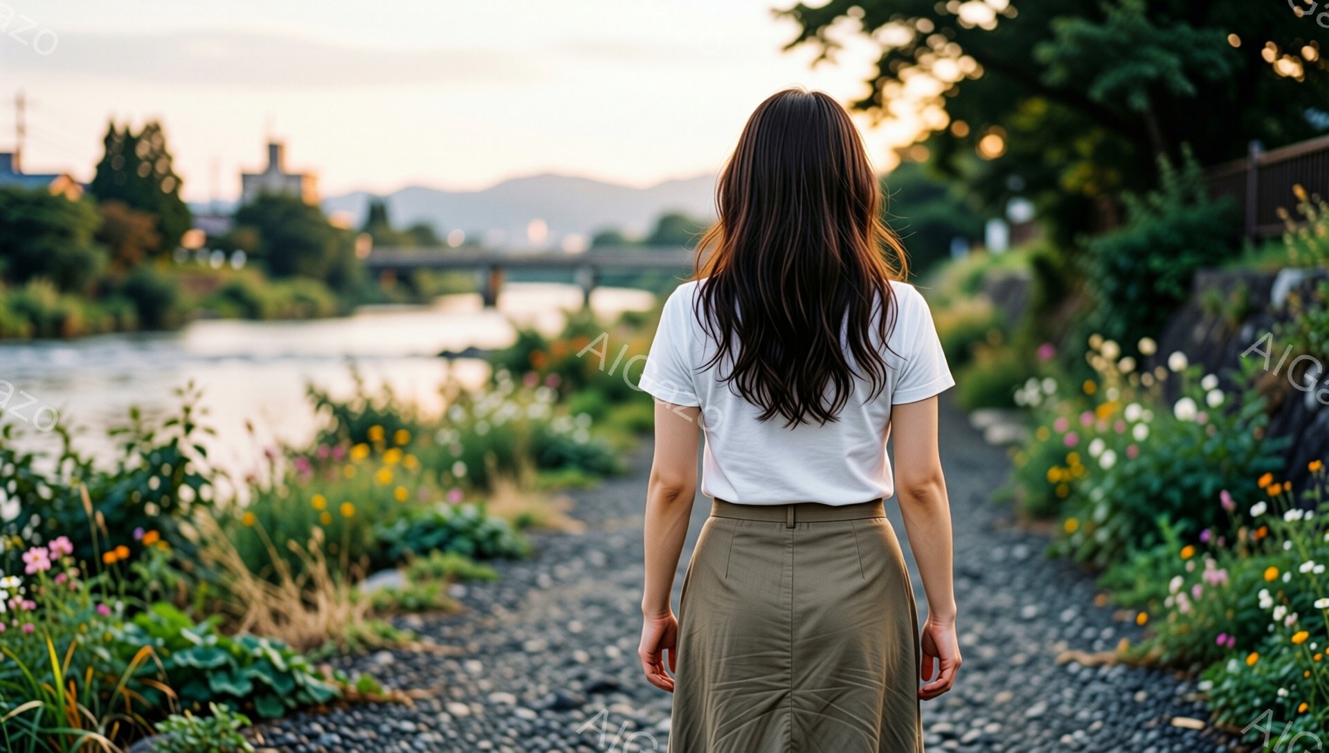 後ろ姿の女性が、河原を歩いている様子が写っている。白いTシャツにカーキ色のスカートを身につけ、長くゆるやかな髪が背中から流れ落ちている。背景には川、緑豊かな草花、そして遠くに見える建物と橋が広がり、夕暮れ時の穏やかで平和な雰囲気が漂っている。