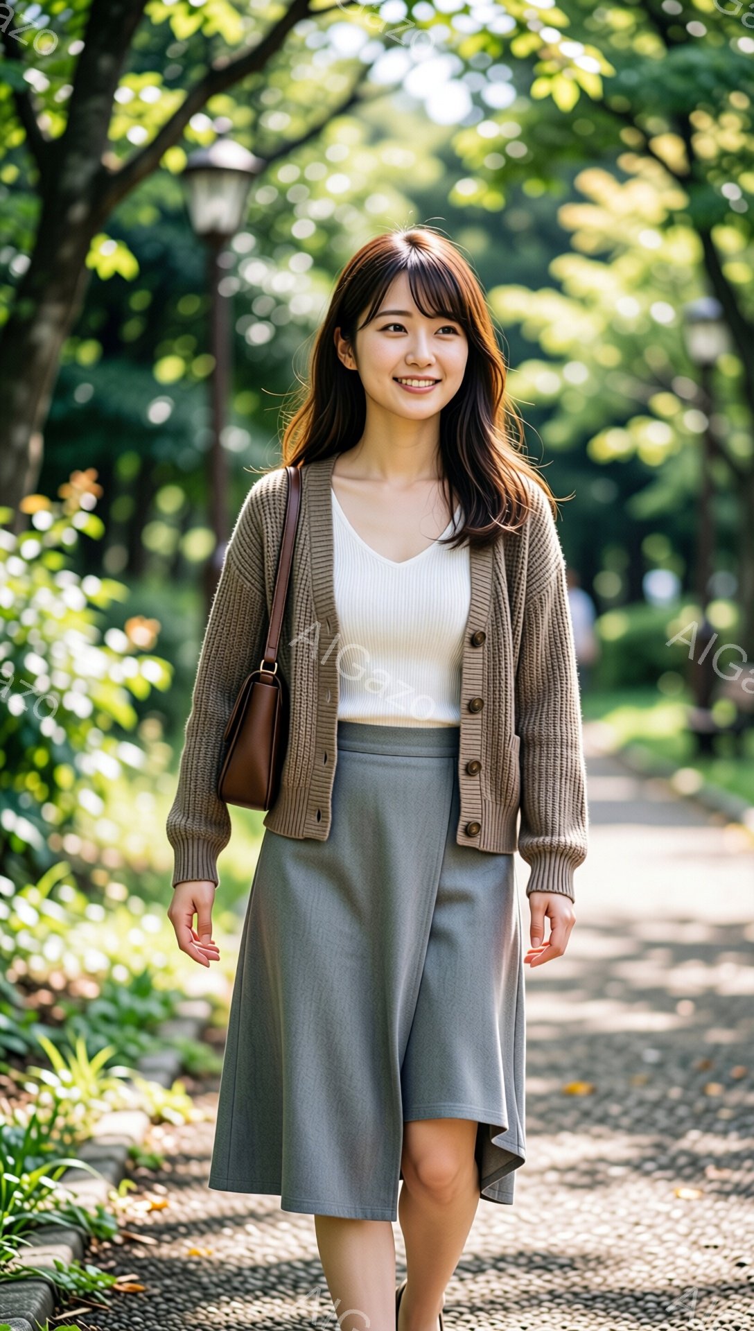 画像には、茶色のカーディガンと白いタンクトップ、そしてグレーのミモレ丈スカートを着た若い女性が写っています。彼女は軽く微笑み、少し横を向きながら歩いている様子で、肩に茶色のショルダーバッグをかけています。背景には緑豊かな木々や遊歩道が広がり、明るい日差しが差し込む穏やかな雰囲気です。