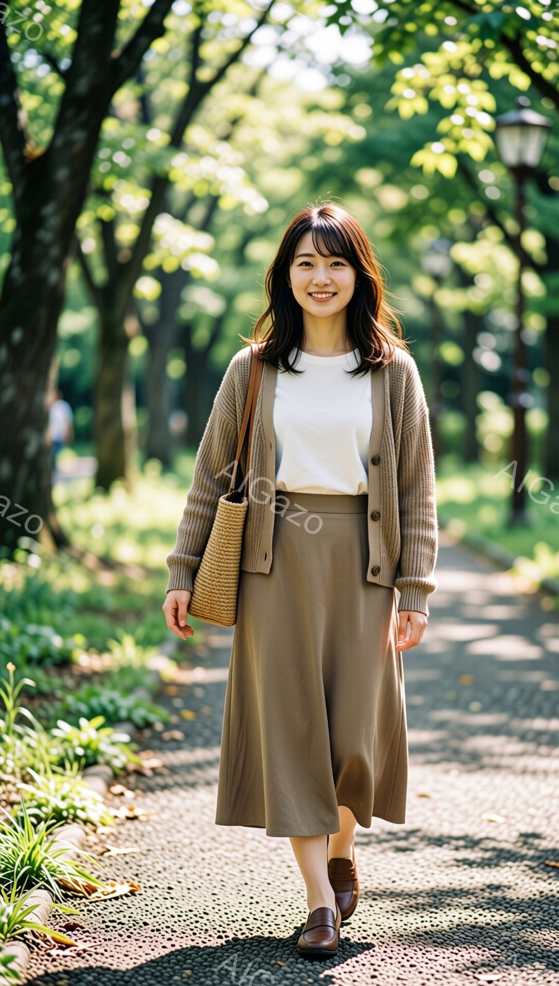 モデルはベージュのニットカーディガン、白いTシャツ、そしてミディアム丈のキャメル色のフレアスカートを着用し、茶色のローファーを履いています。彼女は少し微笑み、カメラの方を向いて歩いており、肩に麦わら色 - AI生成フリー素材