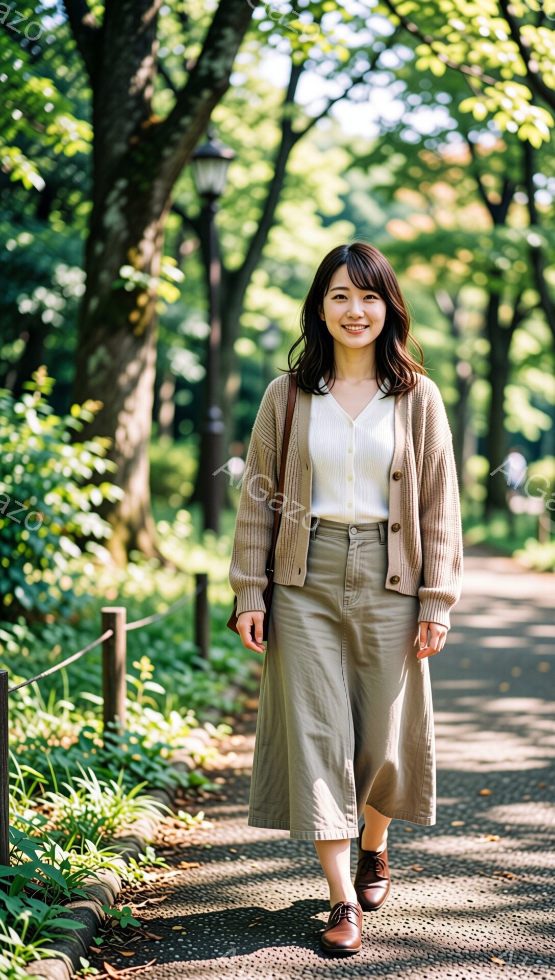彼女はベージュのカーディガン、白いブラウス、アンクル丈のワイドパンツ、そして茶色の革靴を身につけている。少し微笑んでおり、リラックスした様子で遊歩道を歩いている。背景には緑豊かな木々と遊歩道が広がり、穏やかで暖かい日差しが差し込んでいる。
