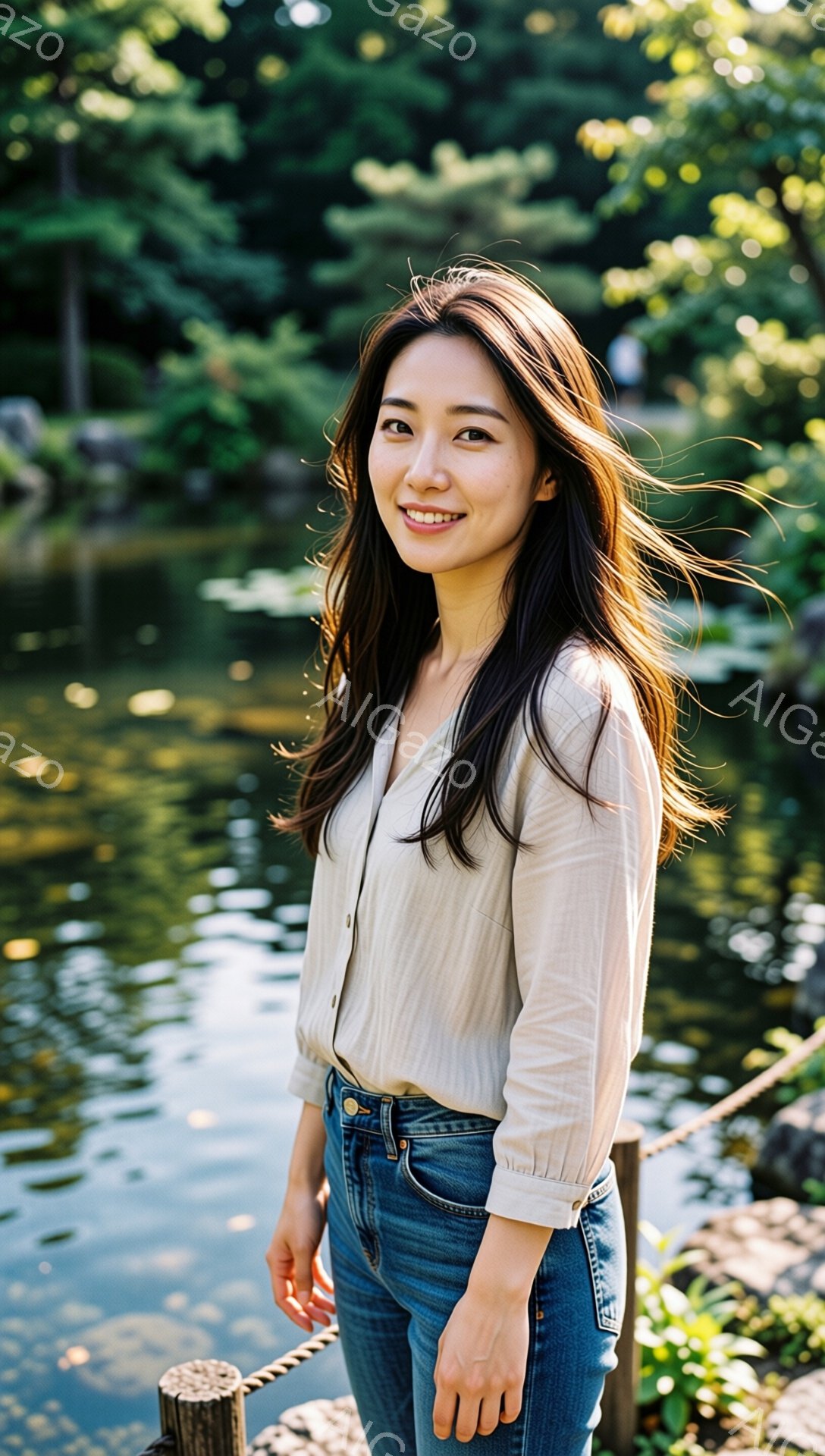 長い黒髪の女性が、クリーム色の長袖シャツと濃いブルーのジーンズを身に着けて立っています。彼女は微笑んでおり、リラックスした姿勢で、わずかに体を傾けています。背景には水面が光り、緑豊かな植物が見え、穏や - AI生成フリー素材
