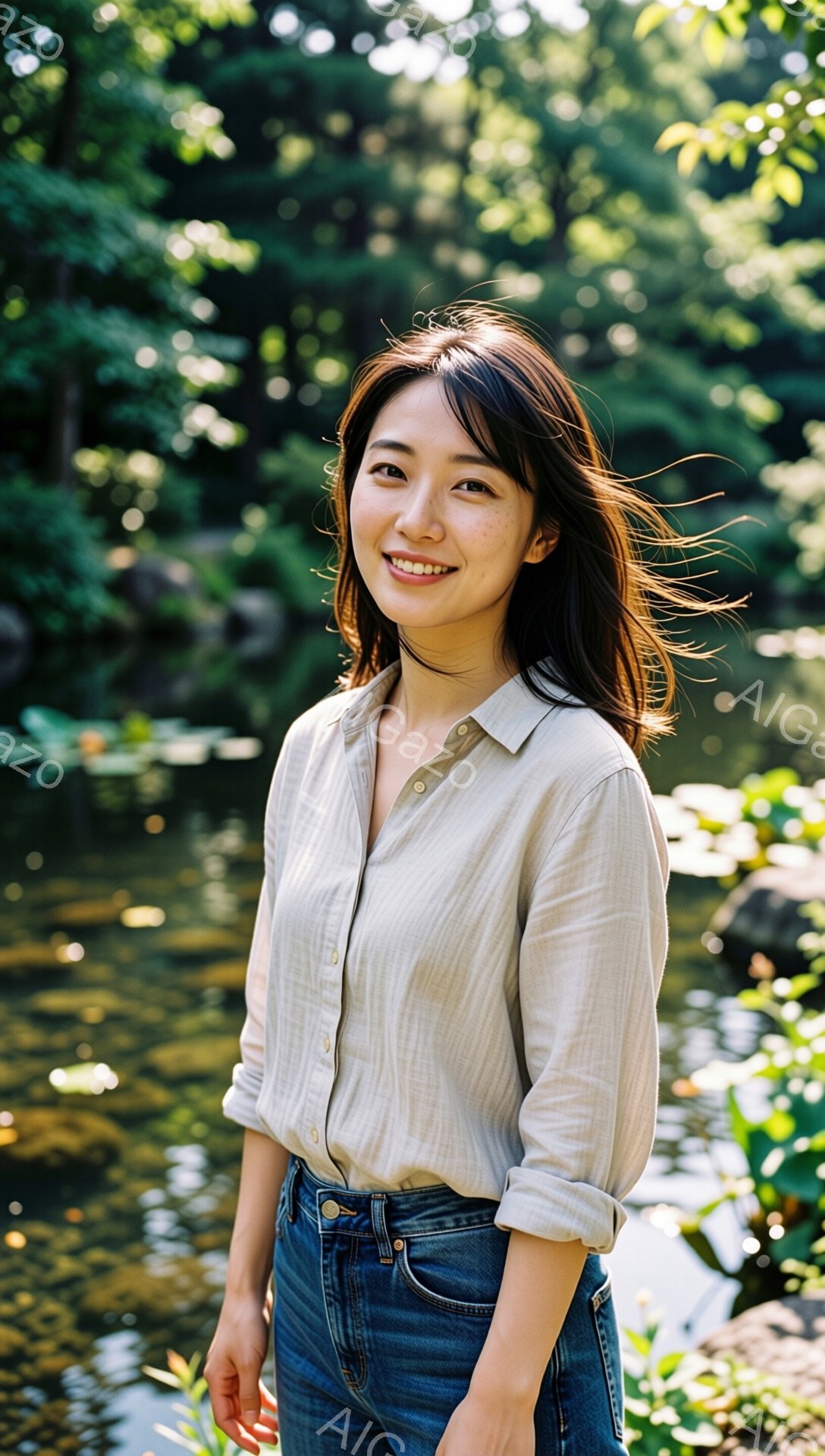 若い女性が、ベージュ色のボタンダウンシャツとデニムパンツを身につけて、穏やかな笑顔を浮かべて立っています。髪は肩にかかる長さで、少しカールがかかっています。背景には緑豊かな植物と水面が見え、晴れた日の - AI生成フリー素材
