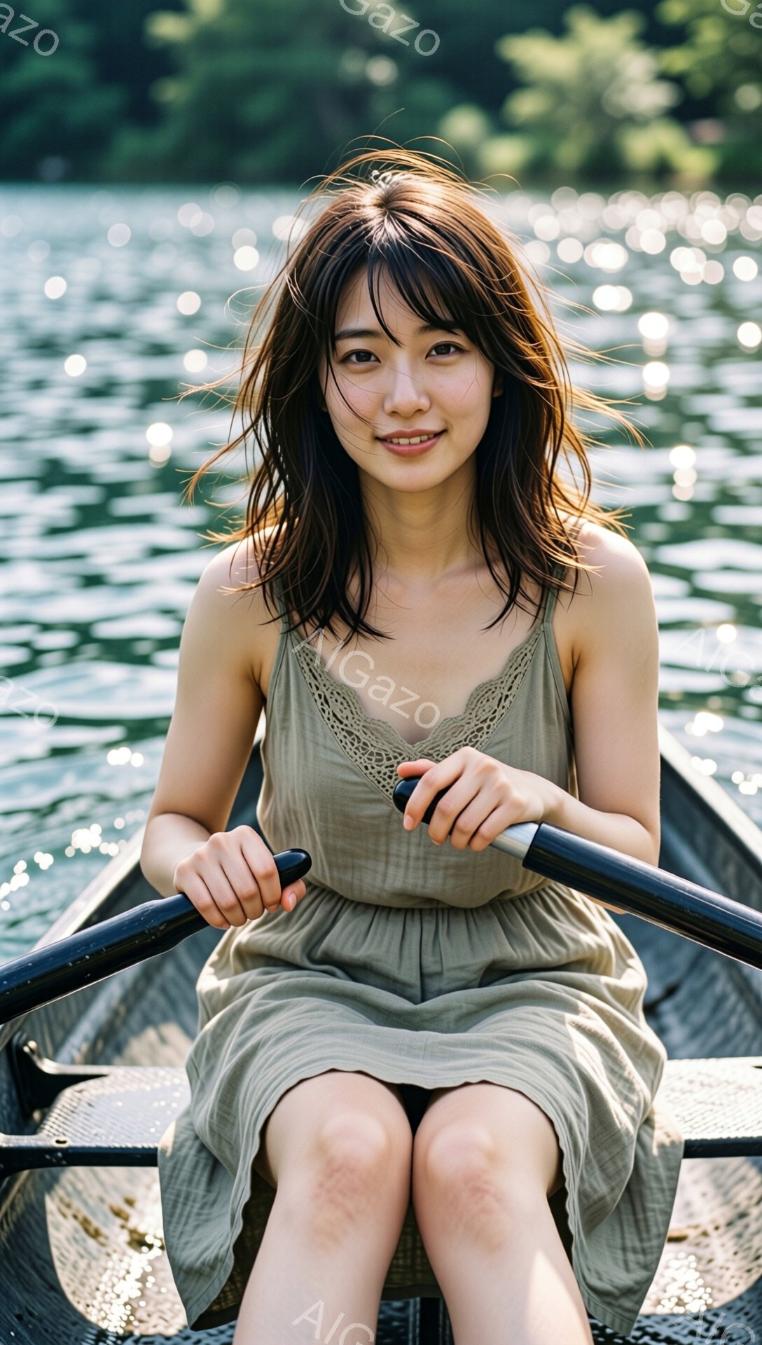 ボートに座った若い女性が写っている。ベージュ色のキャミソールワンピースを着ており、少しカールした長い髪が肩にかかっている。彼女は穏やかな笑顔で、リラックスした雰囲気でボートのオールを握っている。